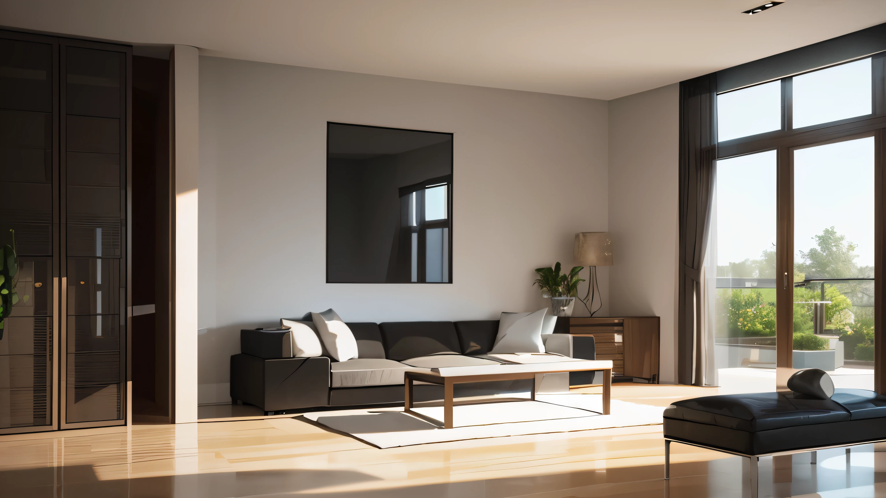 you are a famous interior designer、I was asked to create a 3D image of a large modern room.。. Create a harmonious environment with modern and minimalist furniture. Including garden interior.