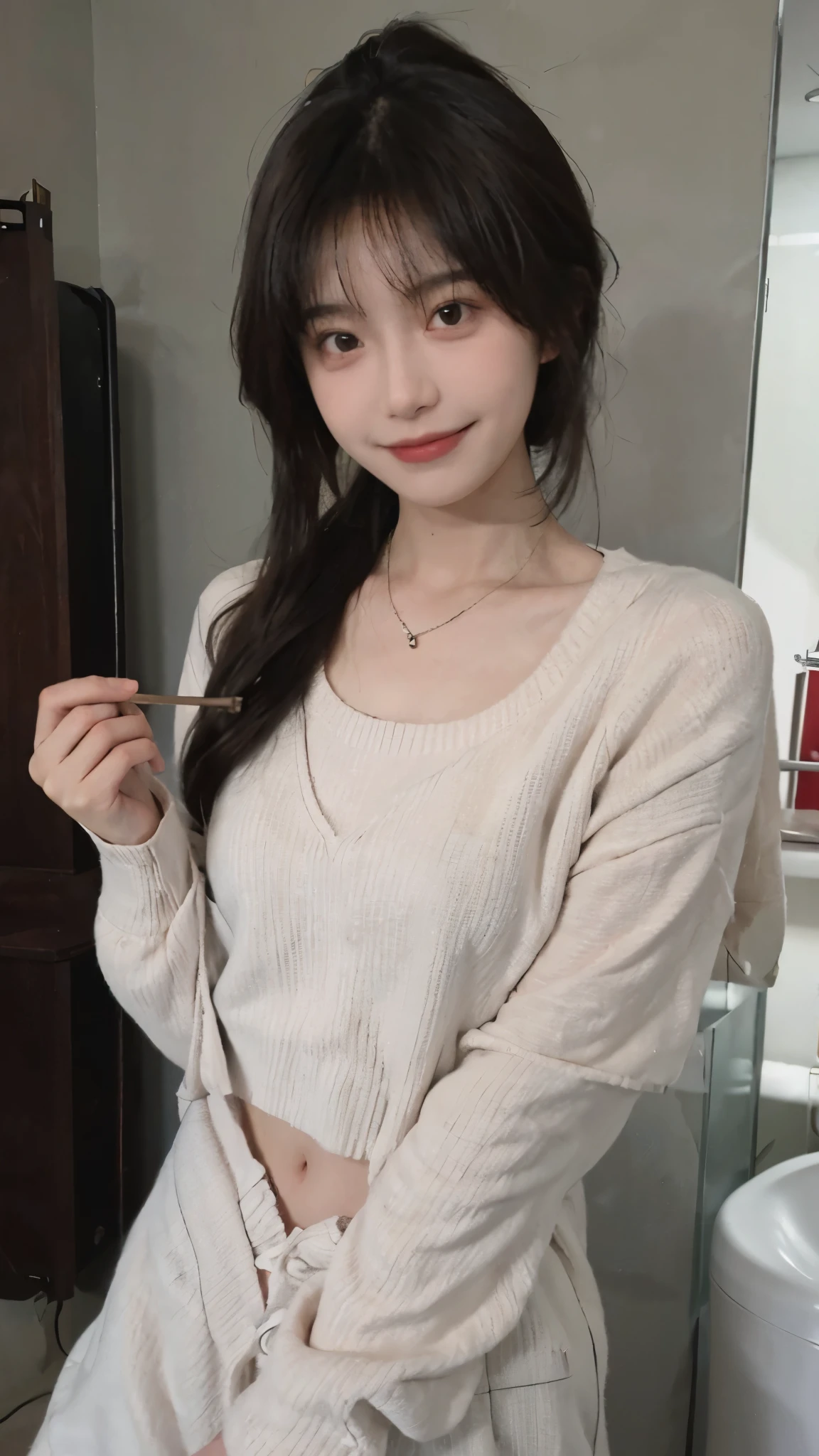 best quality, ultra high resolution, (realistically:1.4),cute hairpin,Baoyu Girl,1 girl, Beautiful woman with slim figure:1.4, abdominal muscles:1.1, (a brown haired one, Medium chest:1.3), pink long sweater:1.1, bathroom,Super thin face,exquisite eyes,double eyelids,Smile,necklace