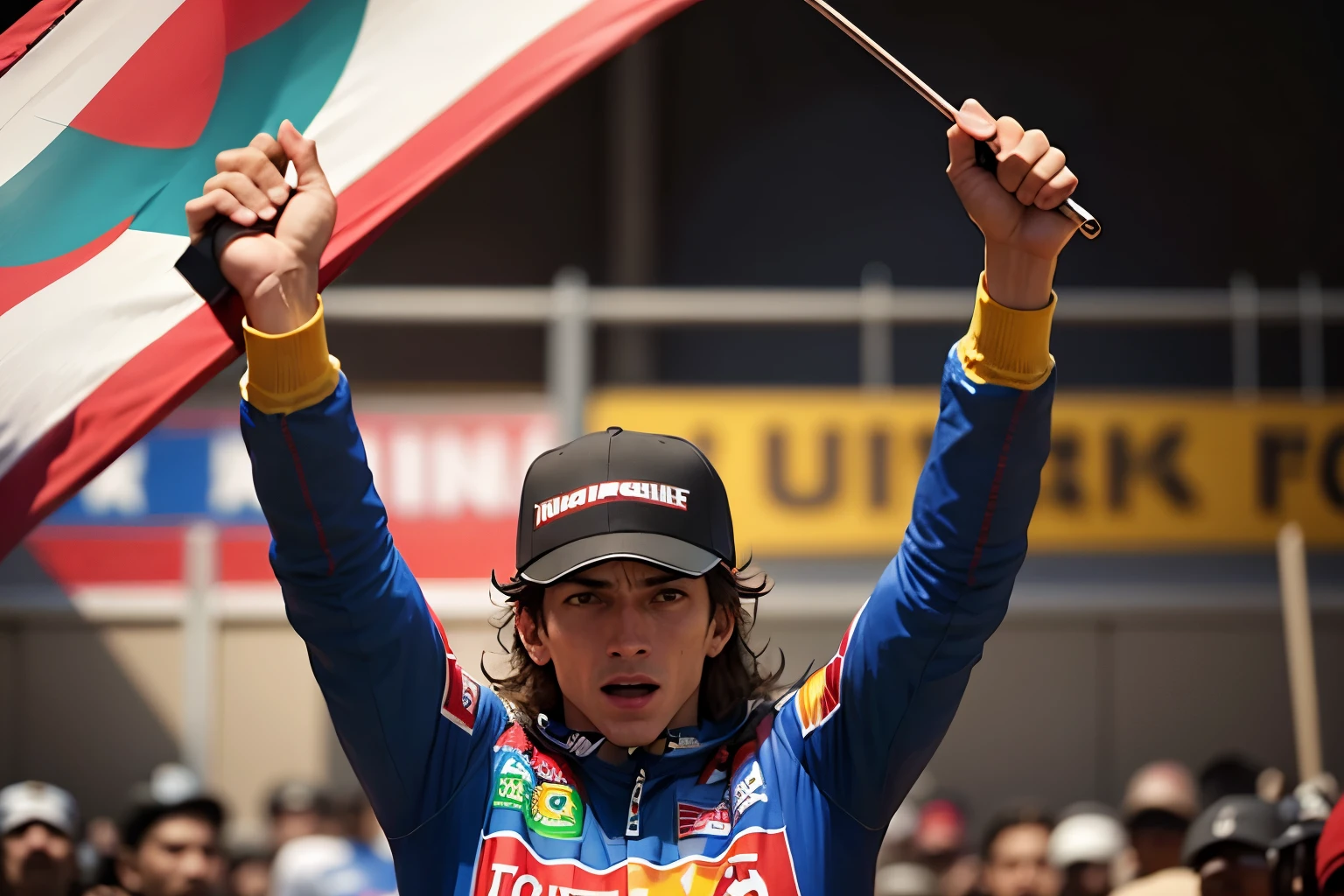 Foto de Ayrton Senna segurando a bandeira do Brasil