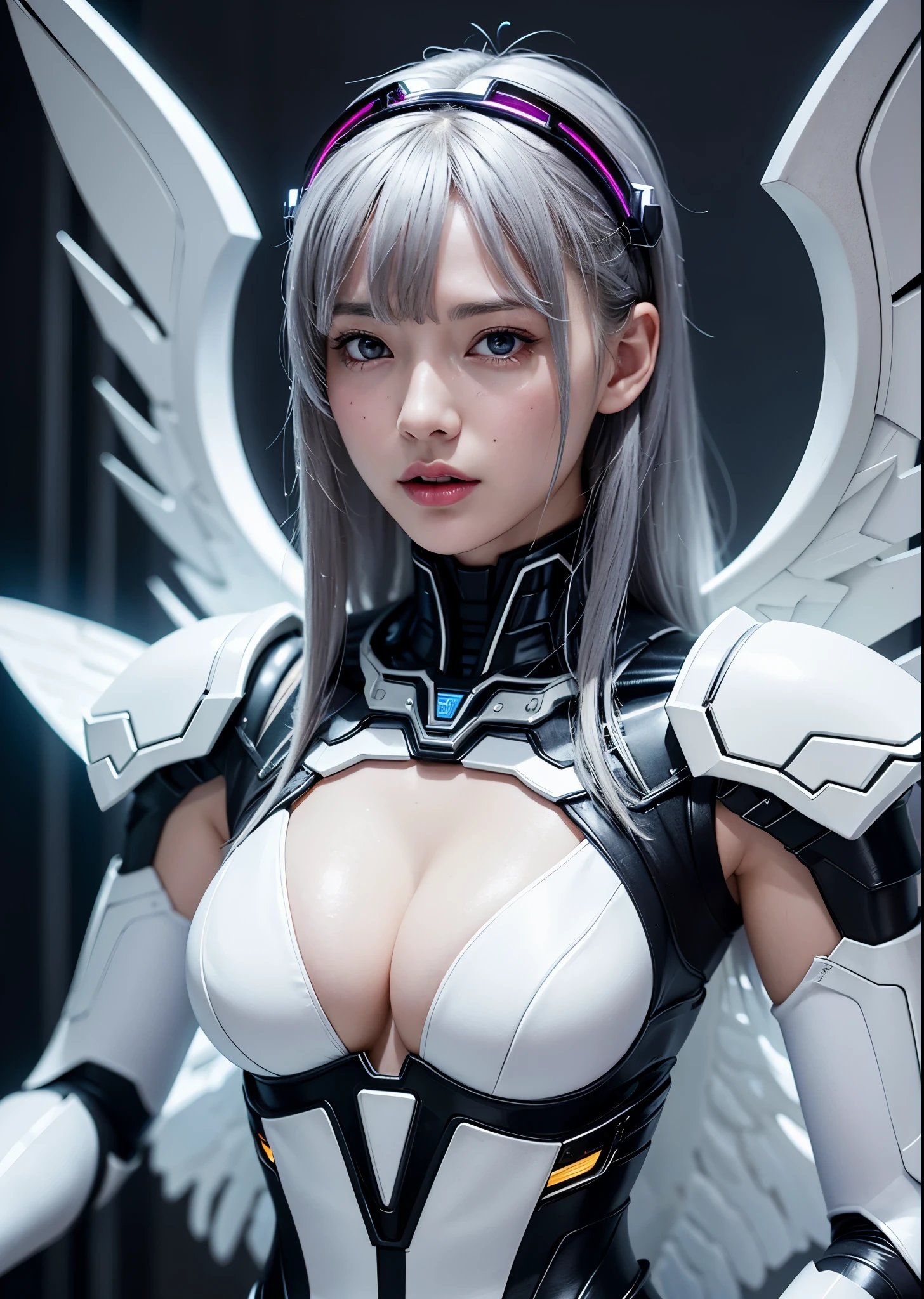 highest quality、masterpiece、超A high resolution、(Photoreal:1.4)、RAW photo、battle cyborg angel、large metal wings、white porcelain body、Acrylic clear cover、gray hair、glowing skin、1 cyborg girl、((Ultra realistic details))、Portrait、global illumination、Shadow、octane rendering、8k、super sharp、character edge light,big breasts、Raw skin exposed in cleavage、intricate decorative details、Double Zeta Gundam details、hydraulic cylinder、small led lamp、very intricate details、realistic light、purple eyes、shining eyes、towards the camera、neon details、cowboy shot、futuristic headgear、About Cyberpunk、、
