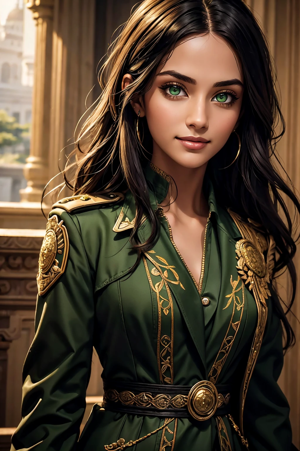 A stunning Indian beauty, with bright green eyes, with dark brown-black long wavy long hair, with mesmerizing feature with a Hopeful smiling expression, finely detailed eyes, happy mood masterpiece, top quality, best quality, official art, beautiful and aesthetic:1.2), (1girl), extreme detailed,(fractal art:1.3), colorful, highest detailed, (masterpiece, best quality:1.3) 1 bright-green-eyed woman, professional digital painting, Unreal Engine 5. Wearing a black-buttoned-up-military-trench coat with a black-star embroidered on the shoulder.
