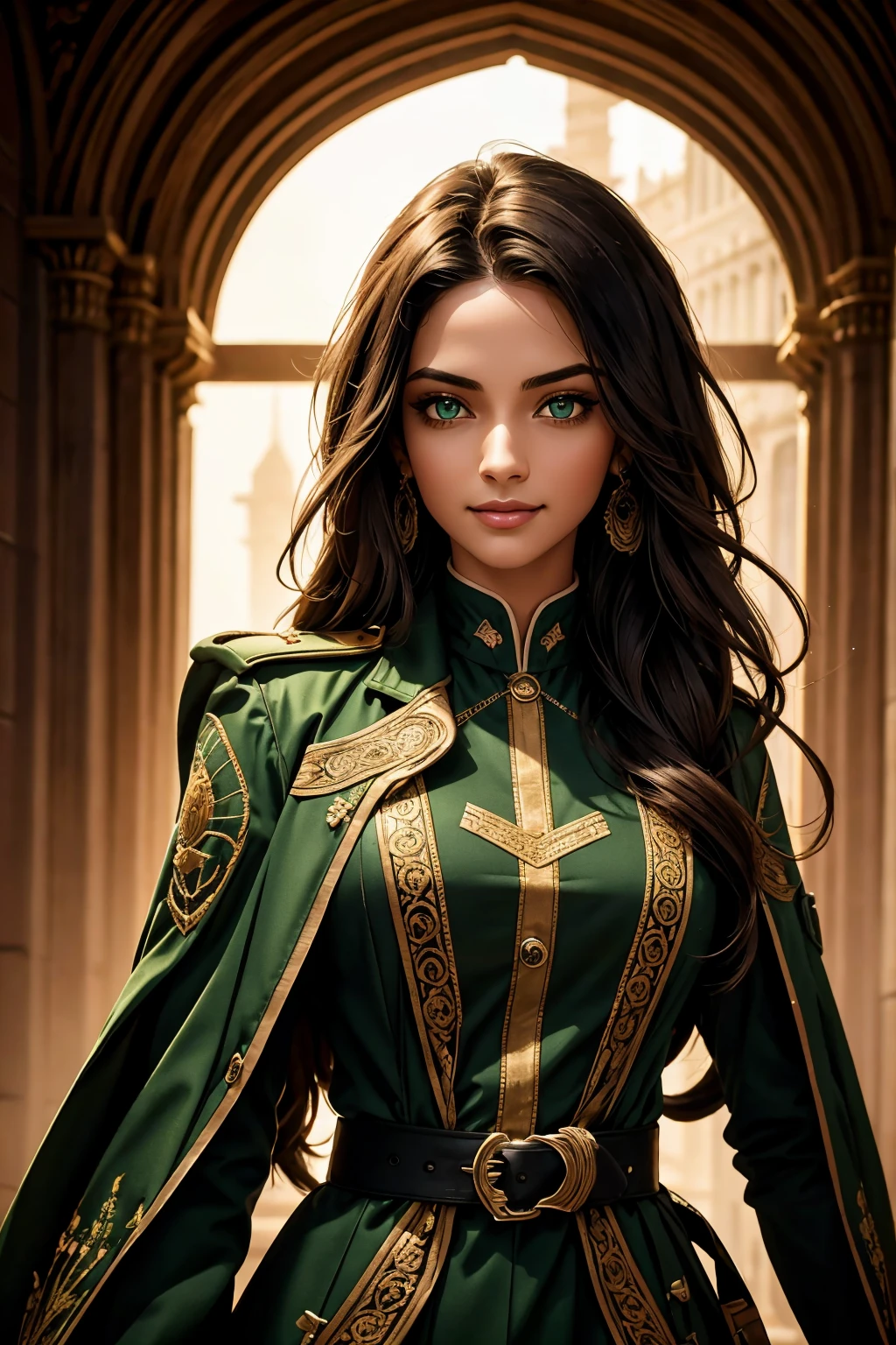 A stunning Indian beauty, with bright green eyes, with dark brown-black long wavy long hair, with mesmerizing feature with a Hopeful smiling expression, finely detailed eyes, happy mood masterpiece, top quality, best quality, official art, beautiful and aesthetic:1.2), (1girl), extreme detailed,(fractal art:1.3), colorful, highest detailed, (masterpiece, best quality:1.3) 1 bright-green-eyed woman, professional digital painting, Unreal Engine 5. Wearing a black-buttoned-up-military-trench coat with a black-star embroidered on the shoulder.
