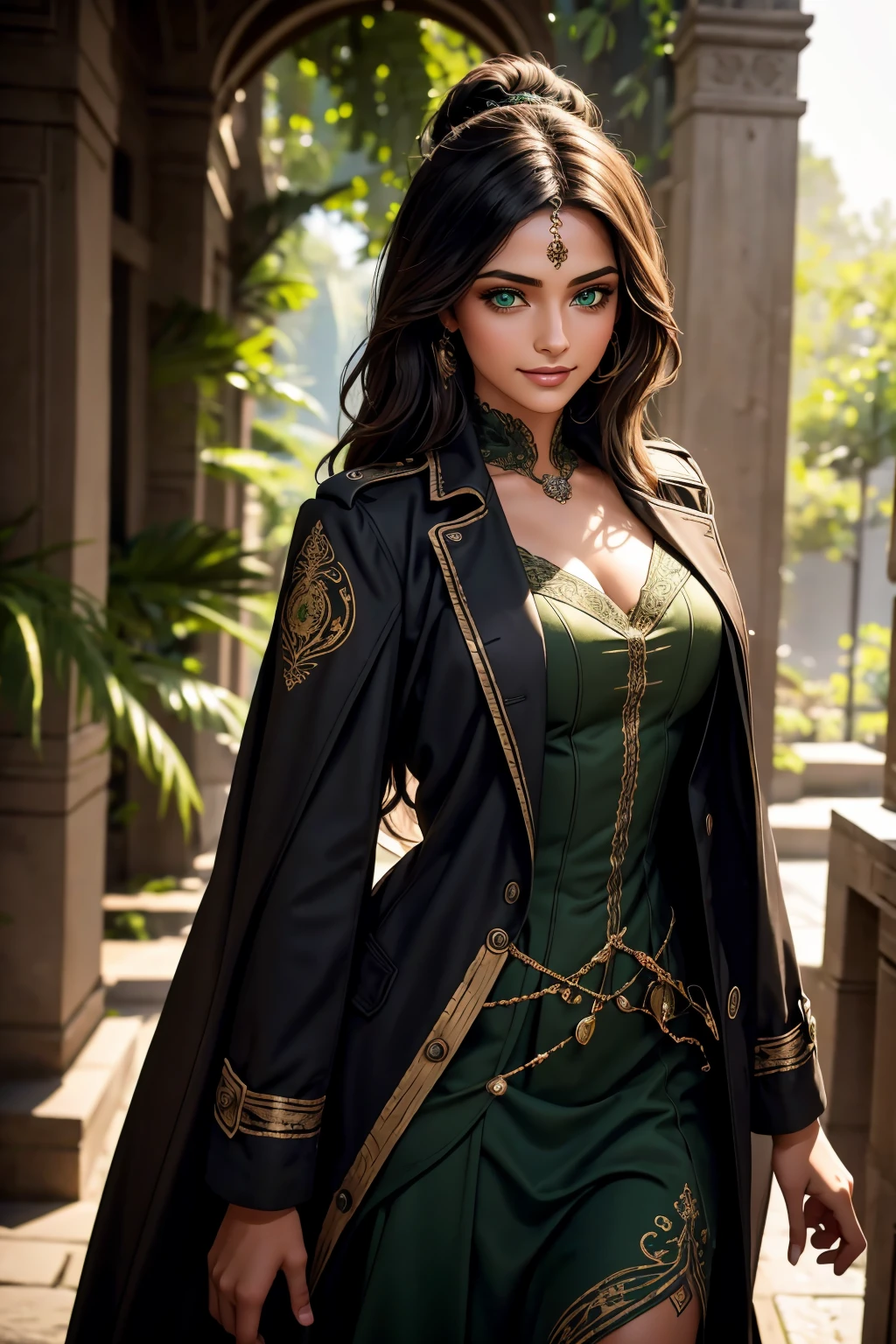 A stunning Indian beauty, with bright green eyes, with dark brown-black long wavy long hair, with mesmerizing feature with a Hopeful smiling expression, finely detailed eyes, happy mood masterpiece, top quality, best quality, official art, beautiful and aesthetic:1.2), (1girl), extreme detailed,(fractal art:1.3), colorful, highest detailed, (masterpiece, best quality:1.3) 1 bright-green-eyed woman, professional digital painting, Unreal Engine 5. Wearing a black-buttoned-up-military-trench coat with a black-star embroidered on the shoulder.
