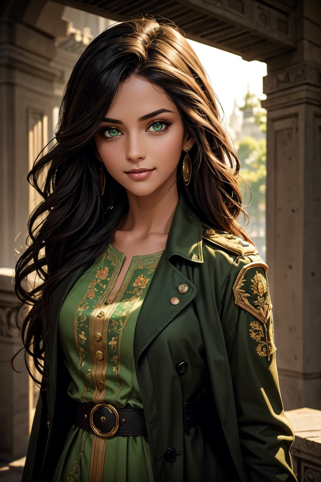 A stunning Indian beauty, with bright green eyes, with dark brown-black long wavy long hair, with mesmerizing feature with a Hopeful smiling expression, finely detailed eyes, happy mood masterpiece, top quality, best quality, official art, beautiful and aesthetic:1.2), (1girl), extreme detailed,(fractal art:1.3), colorful, highest detailed, (masterpiece, best quality:1.3) 1 bright-green-eyed woman, professional digital painting, Unreal Engine 5. Wearing a black-buttoned-up-military-trench coat with a black-star embroidered on the shoulder.
