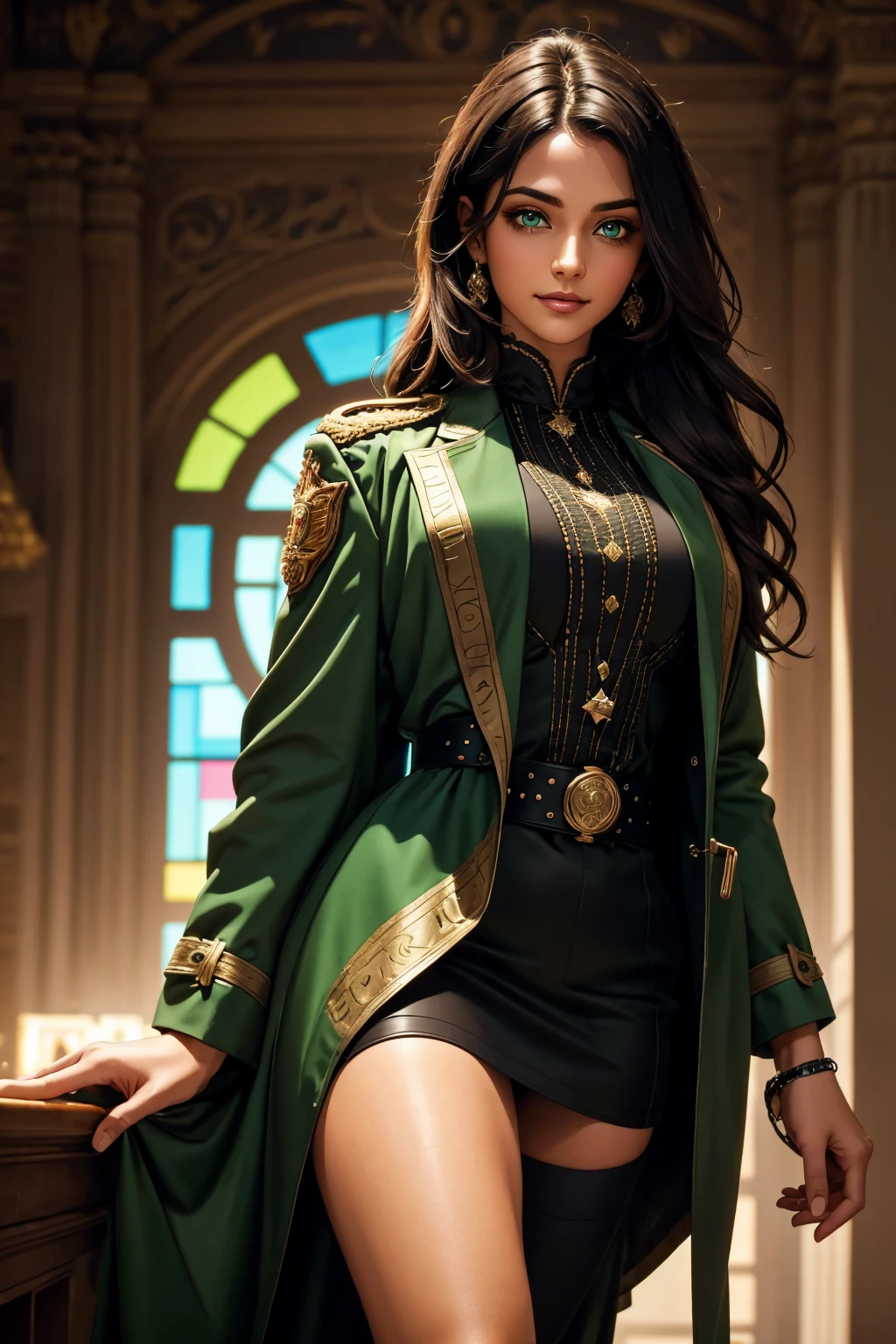A stunning Indian beauty, with bright green eyes, with dark brown-black long wavy long hair, with mesmerizing feature with a Hopeful smiling expression, finely detailed eyes, happy mood masterpiece, top quality, best quality, official art, beautiful and aesthetic:1.2), (1girl), extreme detailed,(fractal art:1.3), colorful, highest detailed, (masterpiece, best quality:1.3) 1 bright-green-eyed woman, professional digital painting, Unreal Engine 5. Wearing a black-buttoned-up-military-trench coat with a black-star embroidered on the shoulder.
