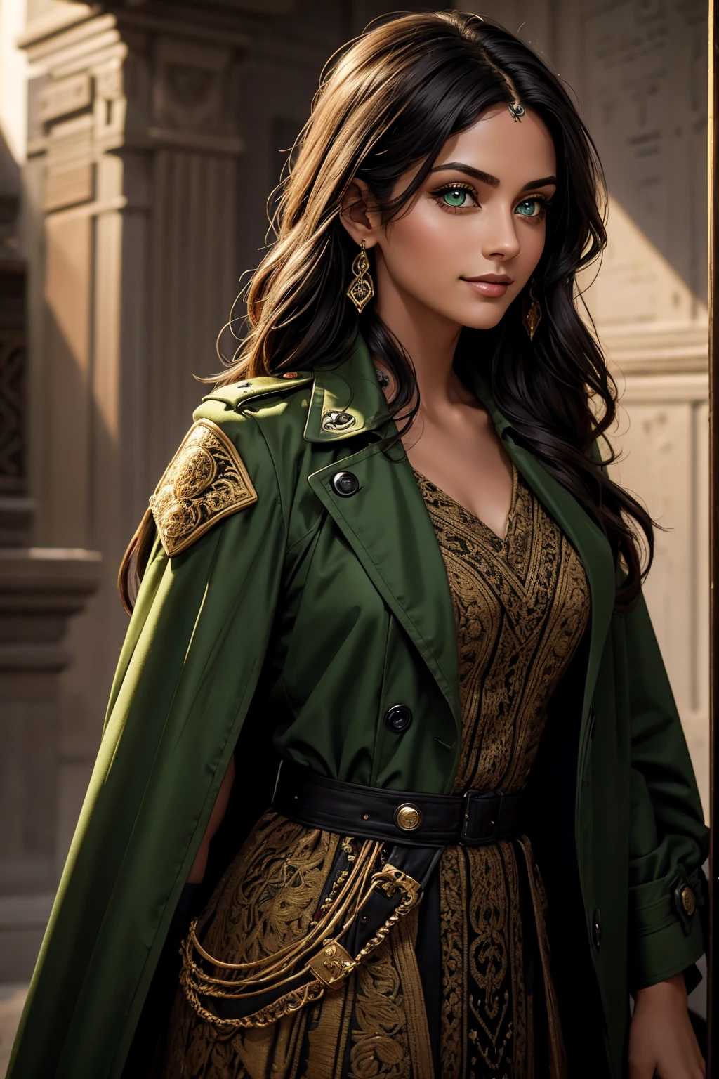 A stunning Indian beauty, with bright green eyes, with dark brown-black long wavy long hair, with mesmerizing feature with a Hopeful smiling expression, finely detailed eyes, happy mood masterpiece, top quality, best quality, official art, beautiful and aesthetic:1.2), (1girl), extreme detailed,(fractal art:1.3), colorful, highest detailed, (masterpiece, best quality:1.3) 1 bright-green-eyed woman, professional digital painting, Unreal Engine 5. Wearing a black-buttoned-up-military-trench coat with a black-star embroidered on the shoulder.
