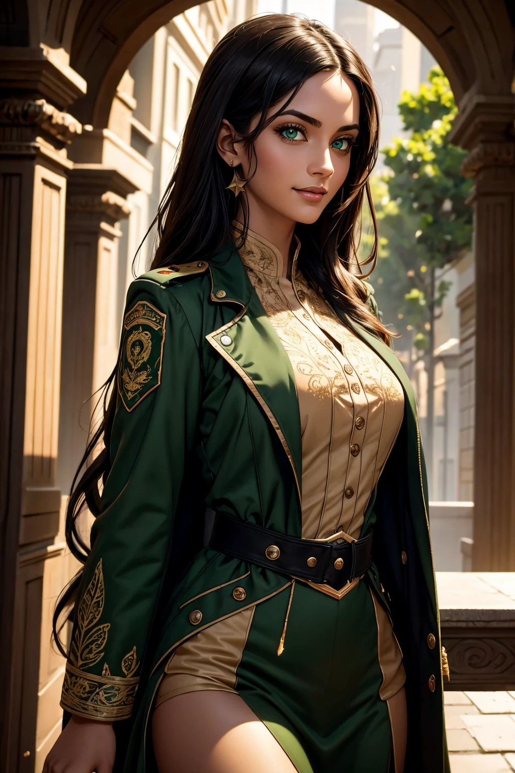 A stunning Indian beauty, with bright green eyes, with dark brown-black long wavy long hair, with mesmerizing feature with a Hopeful smiling expression, finely detailed eyes, happy mood masterpiece, top quality, best quality, official art, beautiful and aesthetic:1.2), (1girl), extreme detailed,(fractal art:1.3), colorful, highest detailed, (masterpiece, best quality:1.3) 1 bright-green-eyed woman, professional digital painting, Unreal Engine 5. Wearing a black-buttoned-up-military-trench coat with a black-star embroidered on the shoulder.
