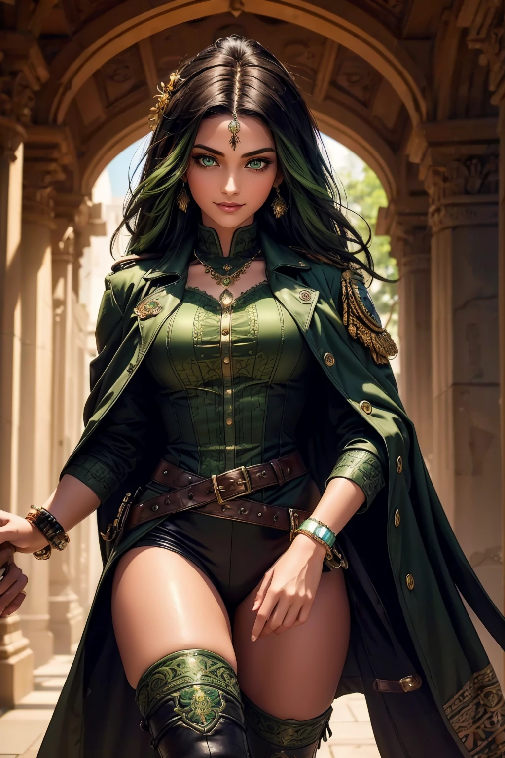 A stunning Indian beauty, with bright green eyes, with dark brown-black long wavy long hair, with mesmerizing feature with a Hopeful smiling expression, finely detailed eyes, happy mood masterpiece, top quality, best quality, official art, beautiful and aesthetic:1.2), (1girl), extreme detailed,(fractal art:1.3), colorful, highest detailed, (masterpiece, best quality:1.3) 1 bright-green-eyed woman, professional digital painting, Unreal Engine 5. Wearing a black-buttoned-up-military-trench coat with a black-star embroidered on the shoulder.
