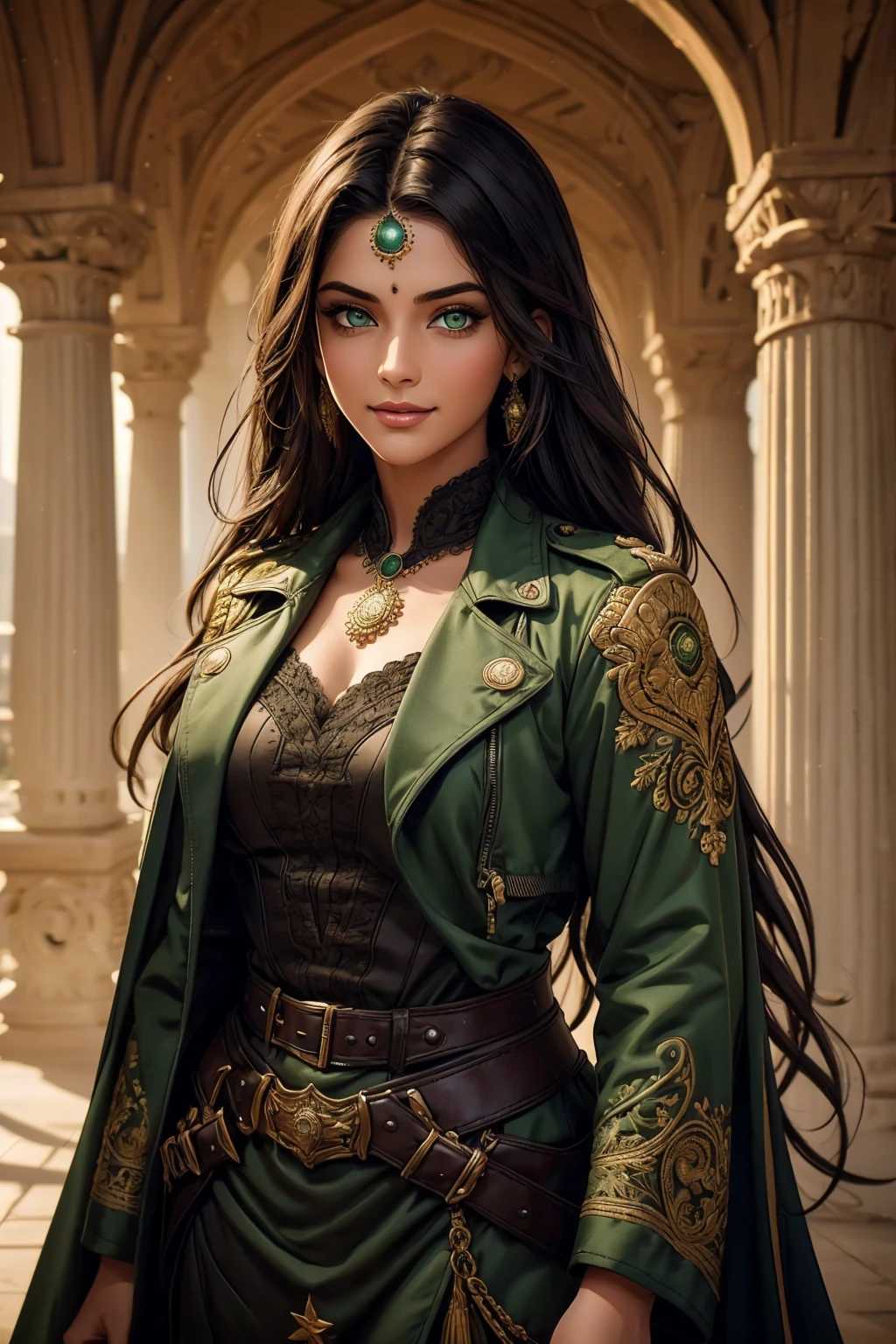 A stunning Indian beauty, with bright green eyes, with dark brown-black long wavy long hair, with mesmerizing feature with a Hopeful smiling expression, finely detailed eyes, happy mood masterpiece, top quality, best quality, official art, beautiful and aesthetic:1.2), (1girl), extreme detailed,(fractal art:1.3), colorful, highest detailed, (masterpiece, best quality:1.3) 1 bright-green-eyed woman, professional digital painting, Unreal Engine 5. Wearing a black-buttoned-up-military-trench coat with a black-star embroidered on the shoulder.
