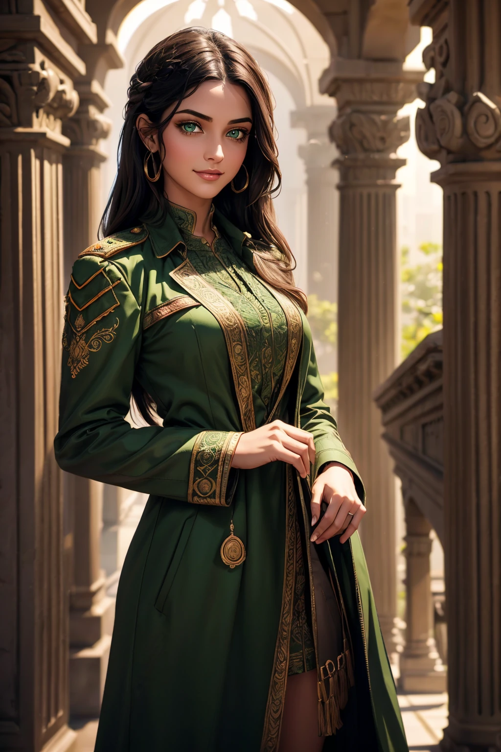 A stunning Indian beauty, with bright green eyes, with dark brown-black long wavy long hair, with mesmerizing feature with a Hopeful smiling expression, finely detailed eyes, happy mood masterpiece, top quality, best quality, official art, beautiful and aesthetic:1.2), (1girl), extreme detailed,(fractal art:1.3), colorful, highest detailed, (masterpiece, best quality:1.3) 1 bright-green-eyed woman, professional digital painting, Unreal Engine 5. Wearing a black-buttoned-up-military-trench coat with a black-star embroidered on the shoulder.
