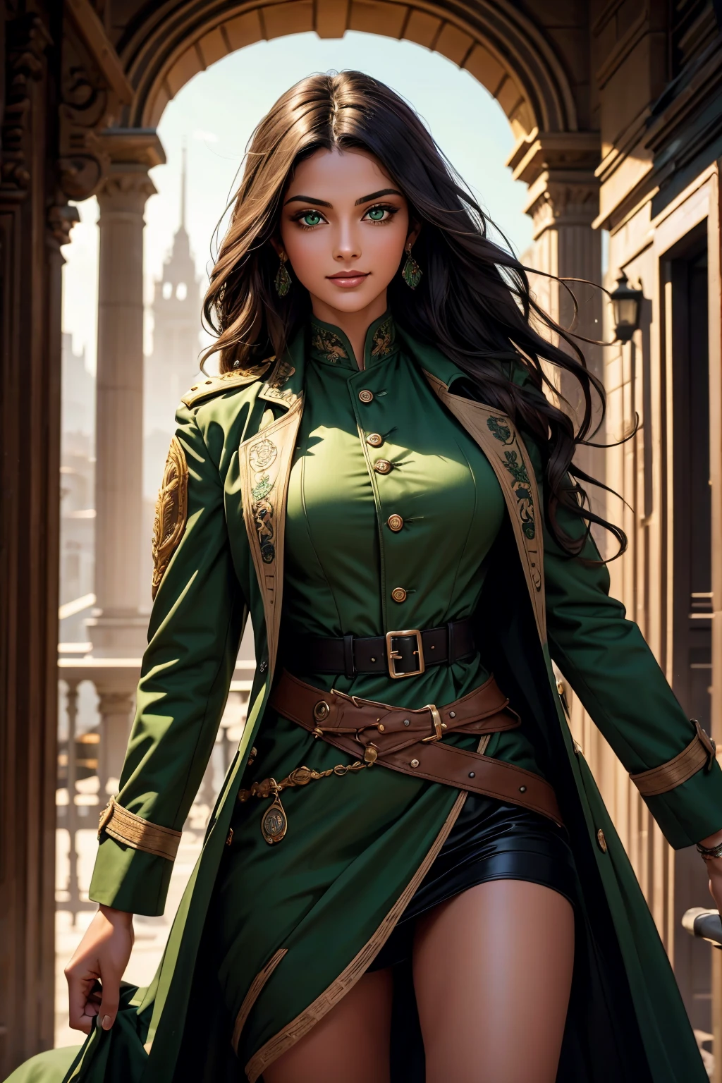 A stunning Indian beauty, with bright green eyes, with dark brown-black long wavy long hair, with mesmerizing feature with a Hopeful smiling expression, finely detailed eyes, happy mood masterpiece, top quality, best quality, official art, beautiful and aesthetic:1.2), (1girl), extreme detailed,(fractal art:1.3), colorful, highest detailed, (masterpiece, best quality:1.3) 1 bright-green-eyed woman, professional digital painting, Unreal Engine 5. Wearing a black-buttoned-up-military-trench coat with a black-star embroidered on the shoulder.
