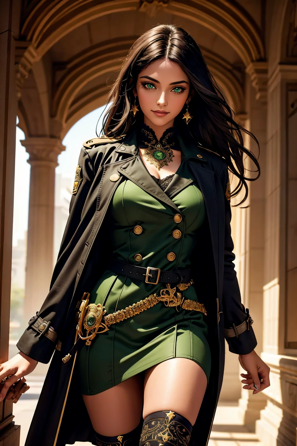 A stunning Indian beauty, with bright green eyes, with dark brown-black long wavy long hair, with mesmerizing feature with a Hopeful smiling expression, finely detailed eyes, happy mood masterpiece, top quality, best quality, official art, beautiful and aesthetic:1.2), (1girl), extreme detailed,(fractal art:1.3), colorful, highest detailed, (masterpiece, best quality:1.3) 1 bright-green-eyed woman, professional digital painting, Unreal Engine 5. Wearing a black-buttoned-up-military-trench coat with a black-star embroidered on the shoulder.
