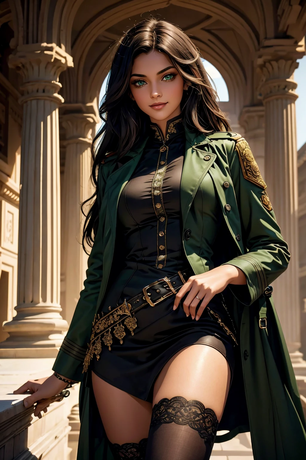 A stunning Indian beauty, with bright green eyes, with dark brown-black long wavy long hair, with mesmerizing feature with a Hopeful smiling expression, finely detailed eyes, happy mood masterpiece, top quality, best quality, official art, beautiful and aesthetic:1.2), (1girl), extreme detailed,(fractal art:1.3), colorful, highest detailed, (masterpiece, best quality:1.3) 1 bright-green-eyed woman, professional digital painting, Unreal Engine 5. Wearing a black-buttoned-up-military-trench coat with a black-star embroidered on the shoulder.
