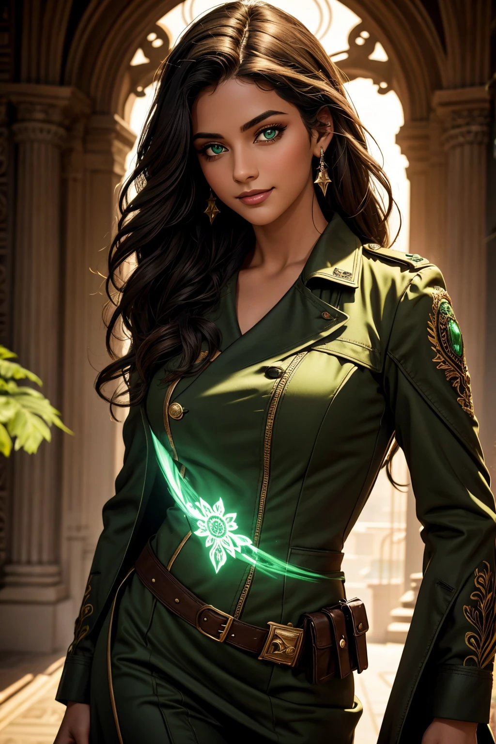 A stunning Indian beauty, with bright green eyes, with dark brown-black long wavy long hair, with mesmerizing feature with a Hopeful smiling expression, finely detailed eyes, happy mood masterpiece, top quality, best quality, official art, beautiful and aesthetic:1.2), (1girl), extreme detailed,(fractal art:1.3), colorful, highest detailed, (masterpiece, best quality:1.3) 1 bright-green-eyed woman, professional digital painting, Unreal Engine 5. Wearing a black-buttoned-up-military-trench coat with a black-star embroidered on the shoulder.
