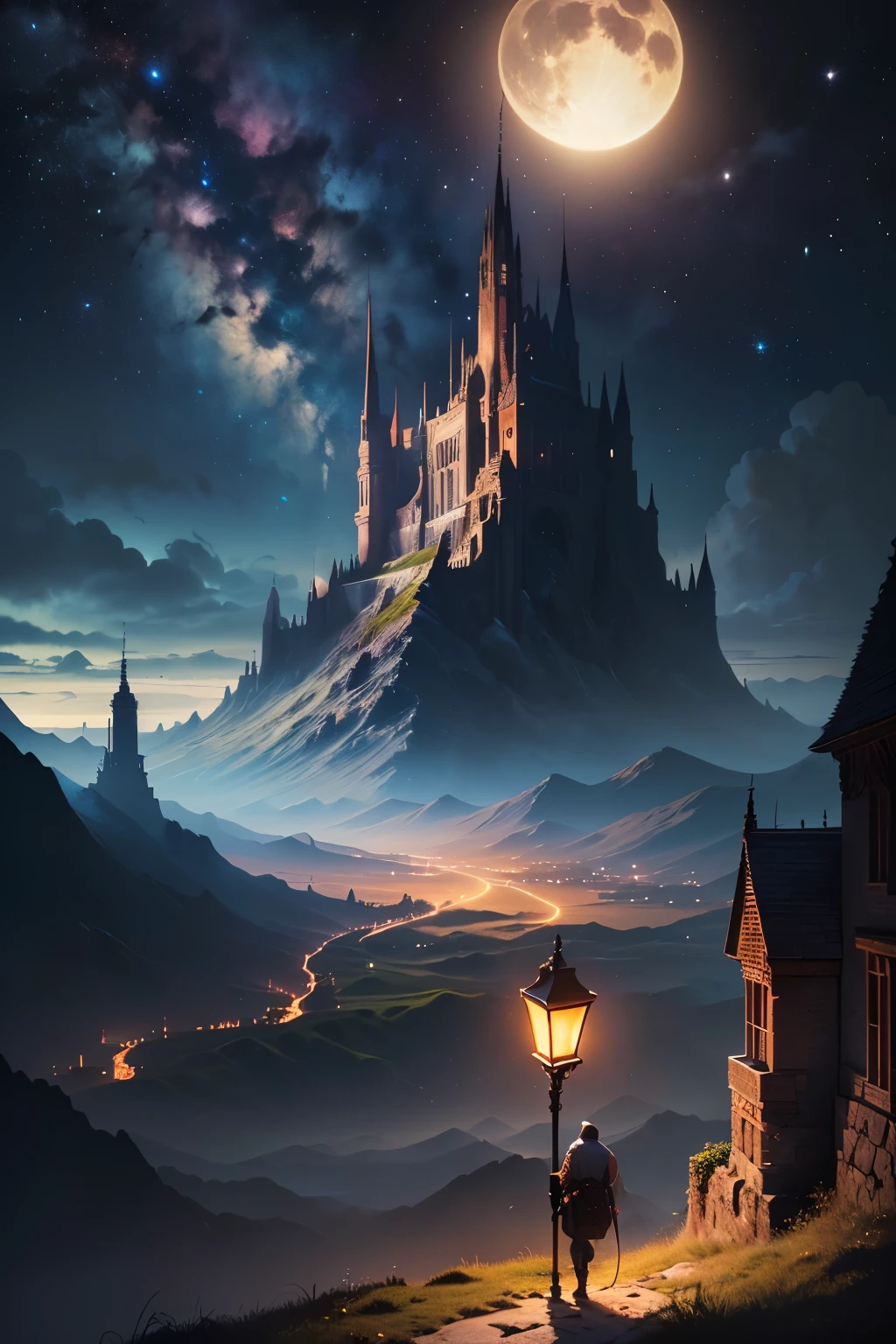 ((highest quality)), ((masterpiece)), fantasy art, starry skies, full moon,landscape