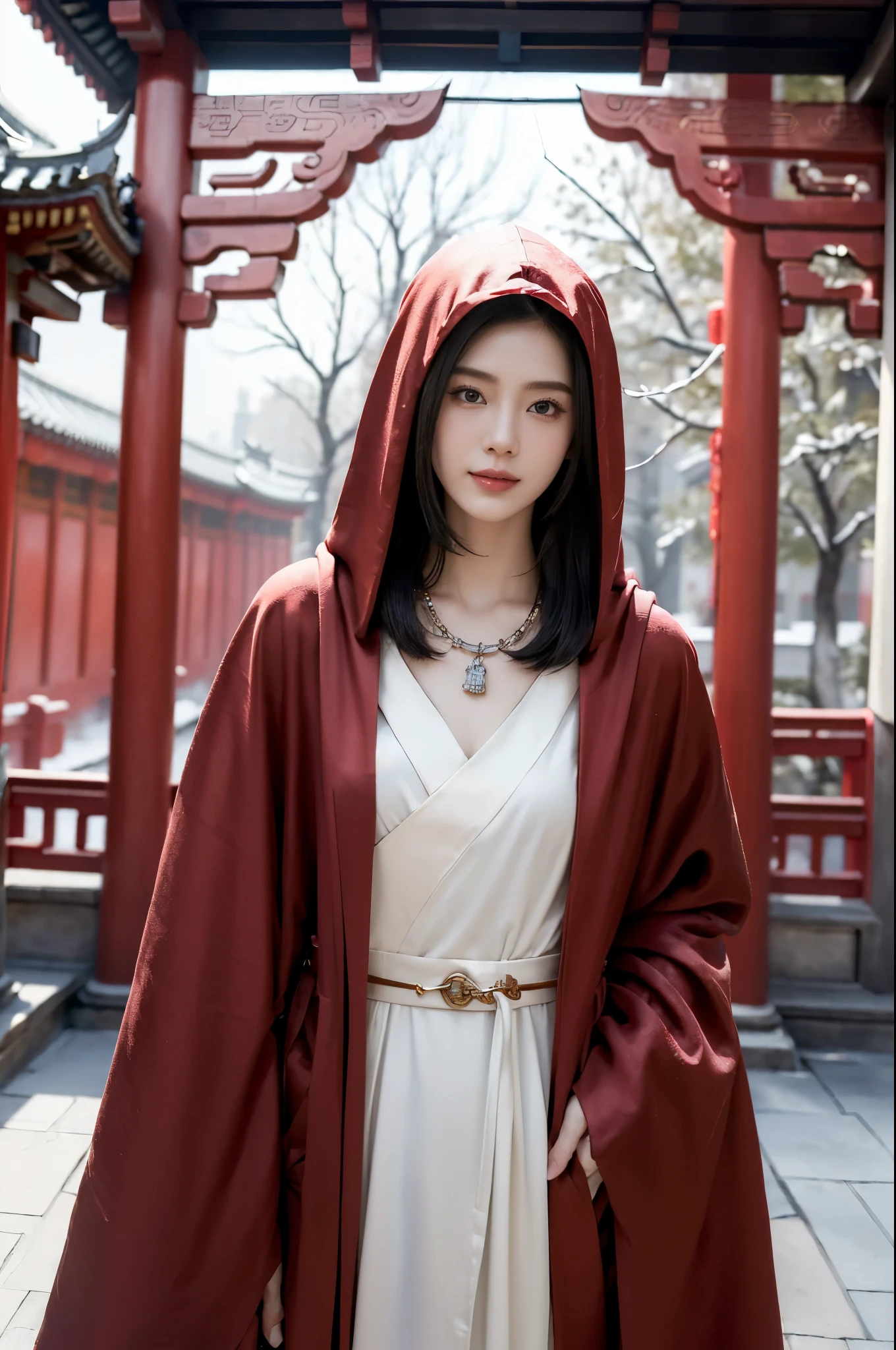 ((((8k))),((Extremely meticulous CG)) ,(wallpaper),16k,((Extremely refined and beautiful)),(((Masterpiece))),(((best qualtiy))),(((Ultra High Resolution))),beautiful light up,Perfect lightning,realistic shaded,[A high resolution],(Smooth and flawless fair skin:1.5),(pale skin:1.3),Extremely exquisite facial details,(perfect body:1.1),ultra-detailed,A beautiful girl,solo,(small head:1.2),(shoulder length straight bob hair:1.2),(small face:1.2),Exquisite makeup,((slim,thin)),happy,(smile:1.2),(buddhist prayer beads necklace:1.2),(Gorgeous hooded red robe:1.5),(hakama:1.2),(day scene:1.5),(outdoor:1.2),(In the courtyard of a Chinese Buddhist temple:1.5),(bright sunshine:1.2),(detailed background:1.5),(standing:1.3),(In front of the Buddha statue:1.3),(full body:1.3),(from front:1.3),(Smoky:1.3),(surrounded by crowded crowds:1.5),(winter:1.2)