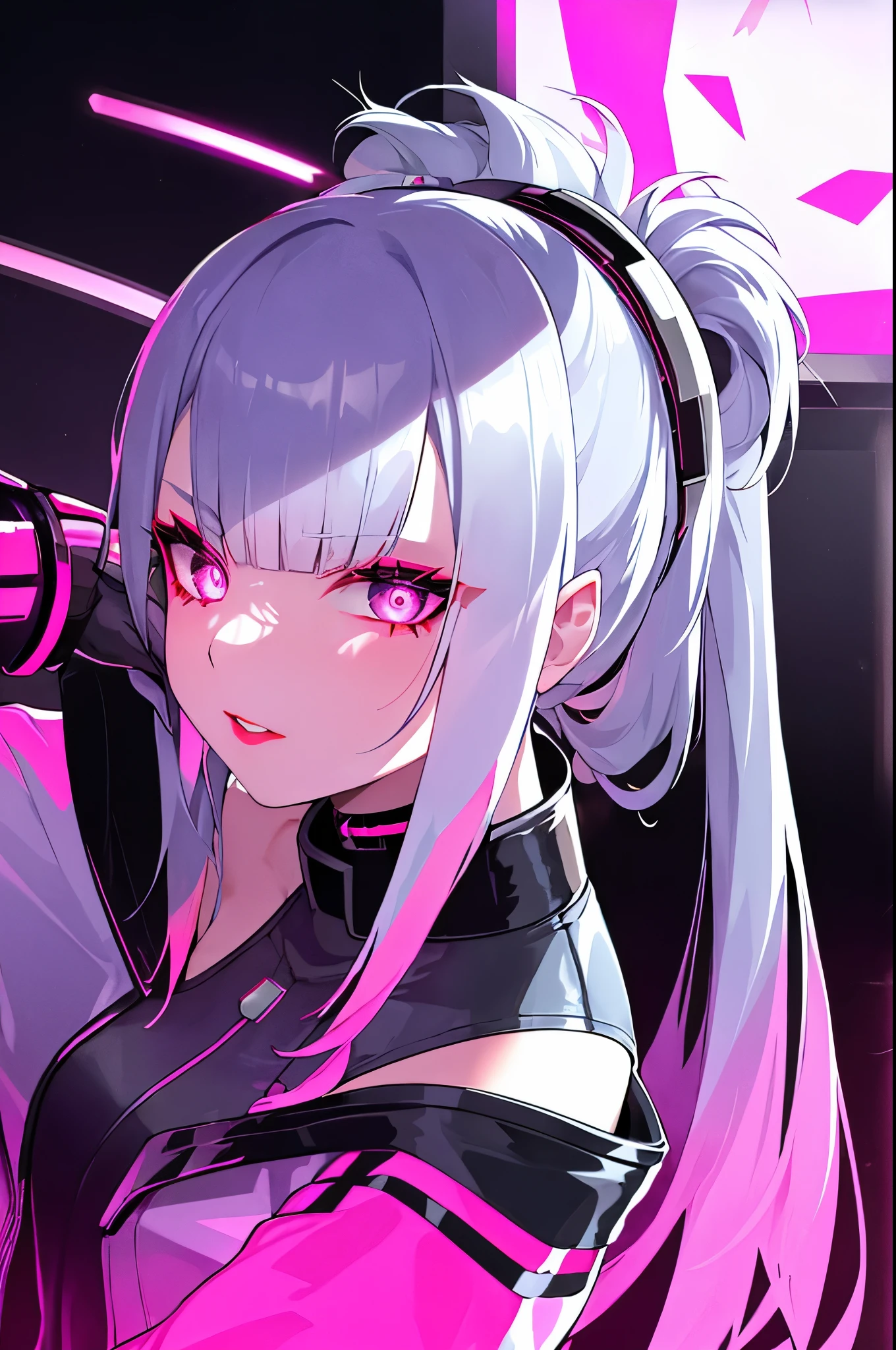 Lucy \(cyber punk\), 1 girl,  hair scrunchie, princess cut, silver hair, colored tips, full moon, gray eyes, Jacket, long sleeve, looking at the viewer, medium hair, colorful hair, parted bangs, parted lips, pink hair, portrait, red eyeliner, red lips, alone, white Jacket, cyber punk \(series\), rainy night in a cyber punk city with glowing neon lights

 