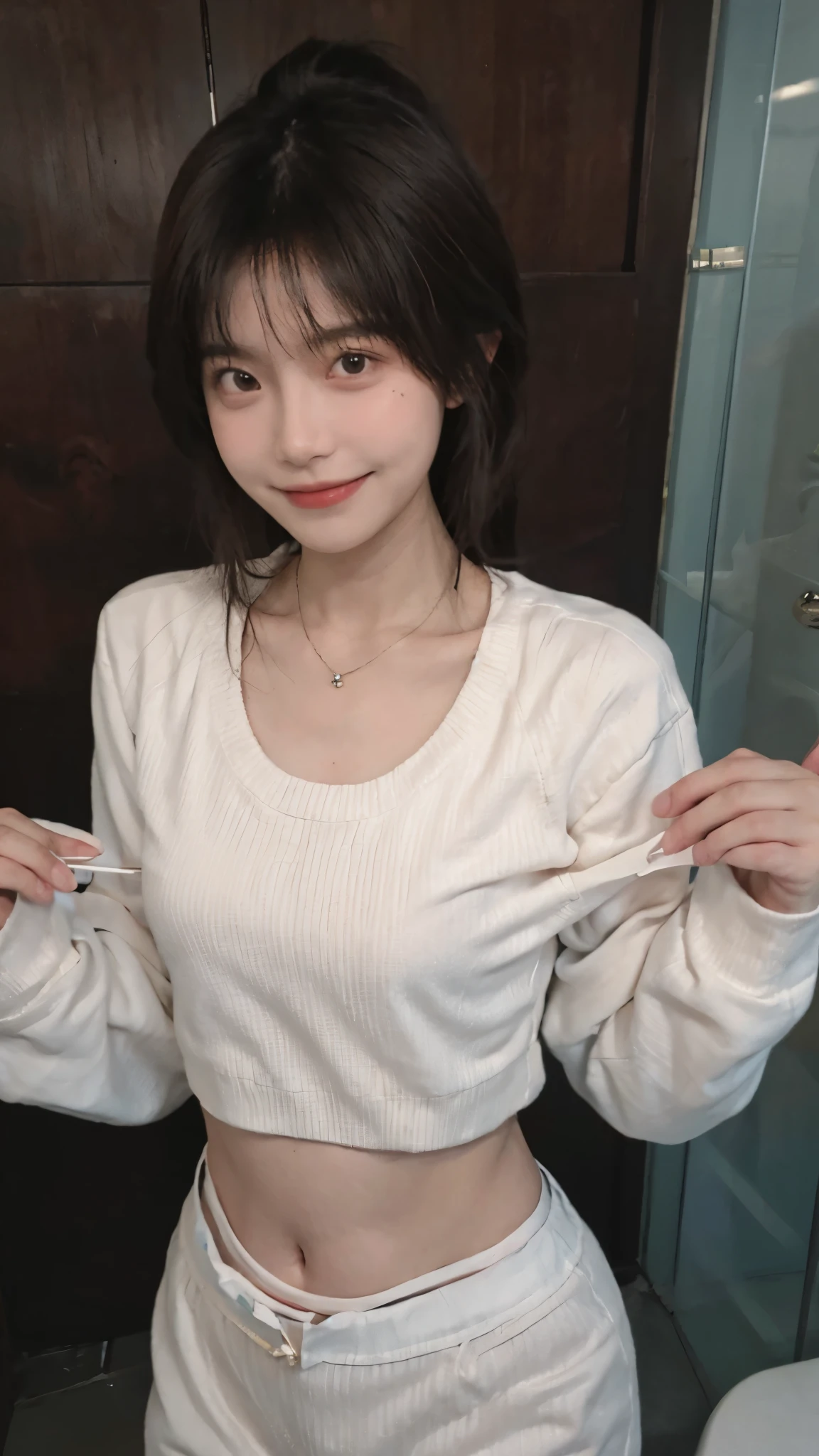 best quality, ultra high resolution, (realistically:1.4),cute hairpin,Baoyu Girl,2 girls, Beautiful woman with slim figure:1.4, abdominal muscles:1.1, (Short brown hair, Medium chest:1.3), Pink cropped sweater:1.1, bathroom,Super thin face,exquisite eyes,double eyelids,Smile,necklace