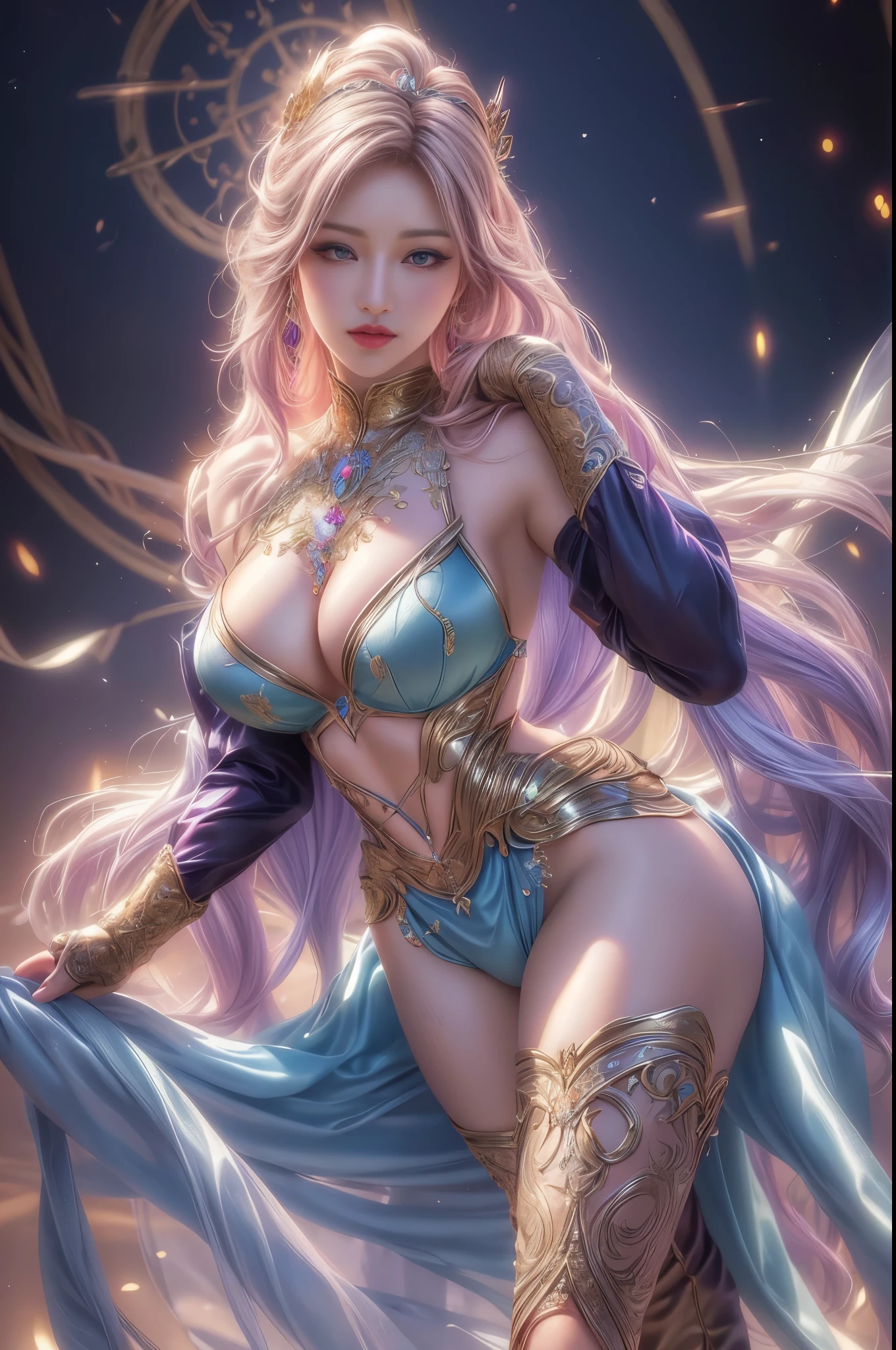 (best quality, realistic, photo-realistic:1.37), vibrant colors, sexy female, oversized breasts and thighs, seductive pose and looks, smooth curves, sensual pose, soft lighting, anime-style, long flowing hair, detailed eyes and lips, alluring gaze, intricate clothing, fantasy backdrop, dreamy atmosphere.