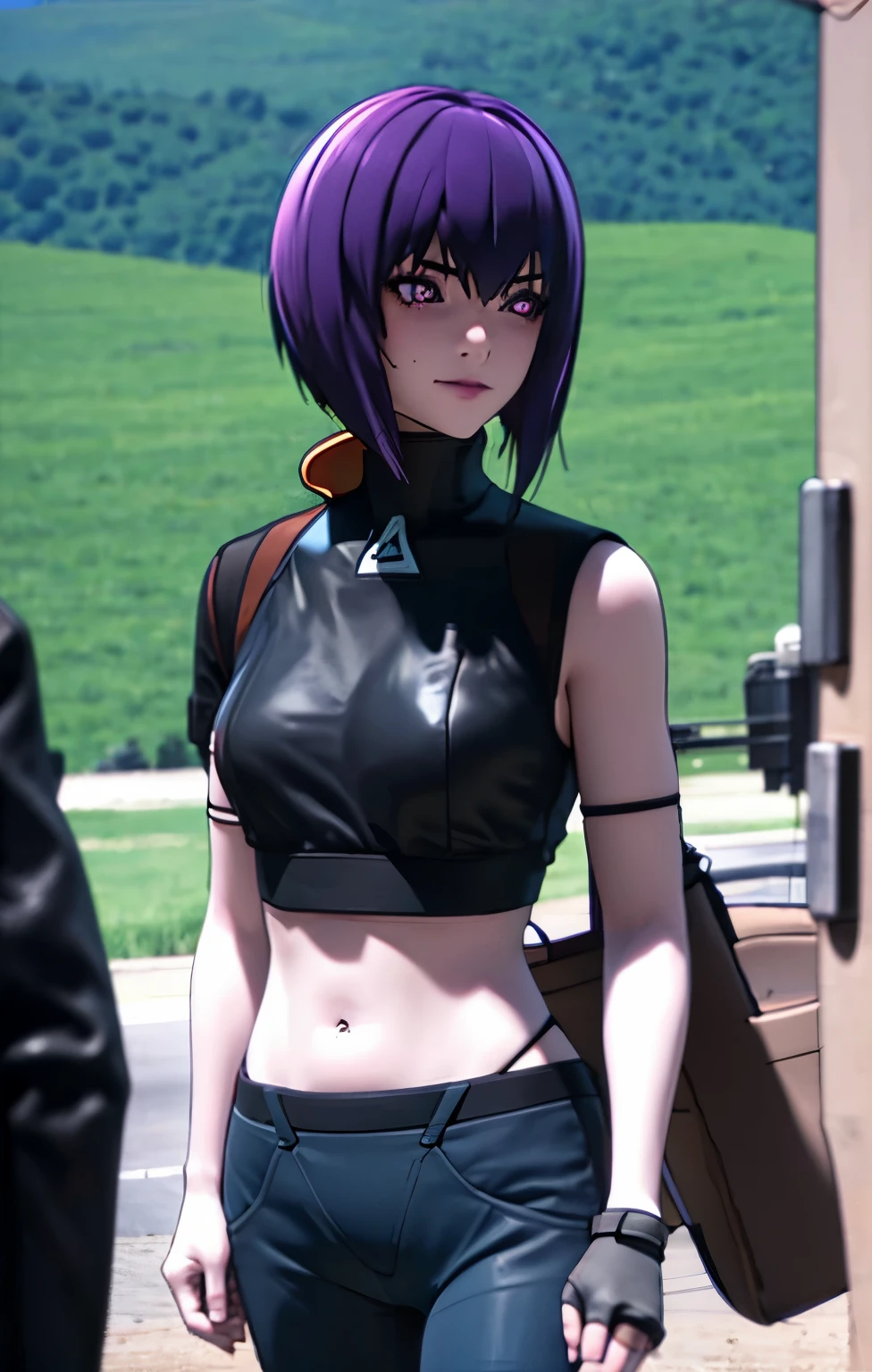 1girls, motoko kusanagi, ghost in the shell sac_2045, short hair, purple hair, purple eyes, selfie, focuss on face, smile, cute pose, headphone purple, cat tail, looking at view