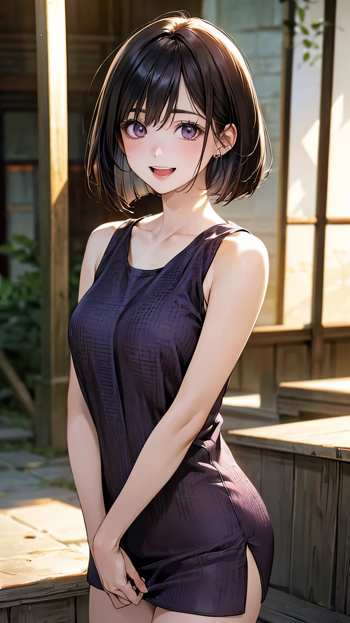(masterpiece:1.3), (Best Quality:1.3), (Ultra-detailed:1.2), ((kawaii)), Cute, (lovely), ((sexy)), ((Extremely detailed)), 4K, (8K), Best Quality, (Beautiful), Illustration, anime style, (bold line:1.2), Gradation, looking at viewer, //, (bent down:1.1), (arms behind back), //, a cute girl, 1girl, (solo:1.2), gleaming skin, //, (flat nude chested), (Perfect eyes:1.2), (Perfect iris:1.2), //, bob cut hair style darkblue hair color, (beautiful eyes) //, (half closed eyes:1.3), (sexual expression:1.2), Fascinated expression, smile, (blush:1.2), //, modern city bacground, sit on rock, skirt, twin tails, muscle girl, hard abs, nude, detailed vagina, maid dress
