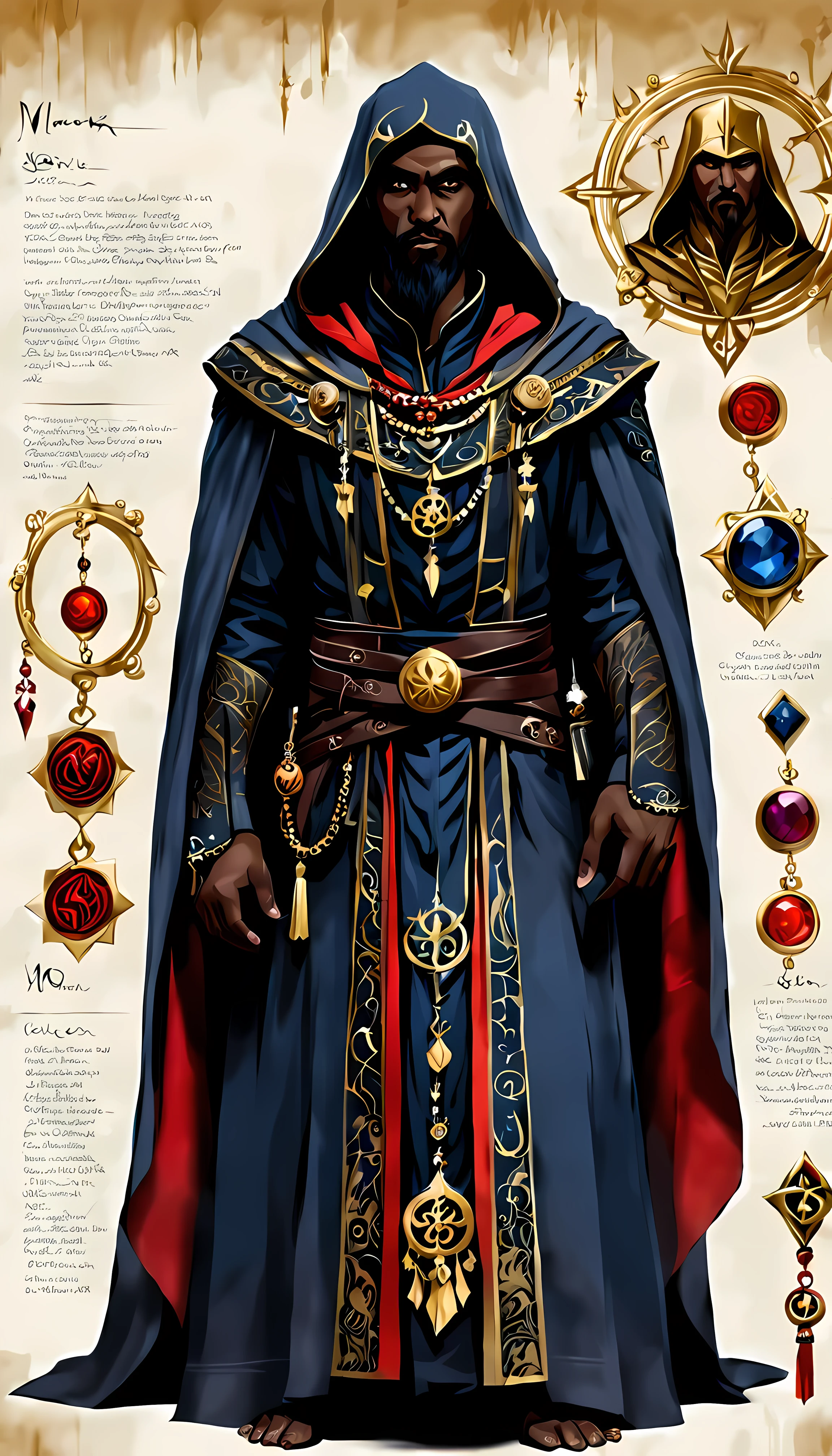 sketch_sheet, front view of brilliant Malakar, a powerful dark wizard with magical aura, he has tall and slender figure, wearing dark blue and red flowing robes made of rich heavy fabric adorned with intricate patterns of arcane symbols and gemstone embellishments, high collar, hooded cloak, ornate belt with dangling charms and trinkets, golden ration, mystical artifacts, sharp focus, dynamic, cinematic, magical, masterpiece in maximum 16K resolution, superb quality. | ((More_Detail))