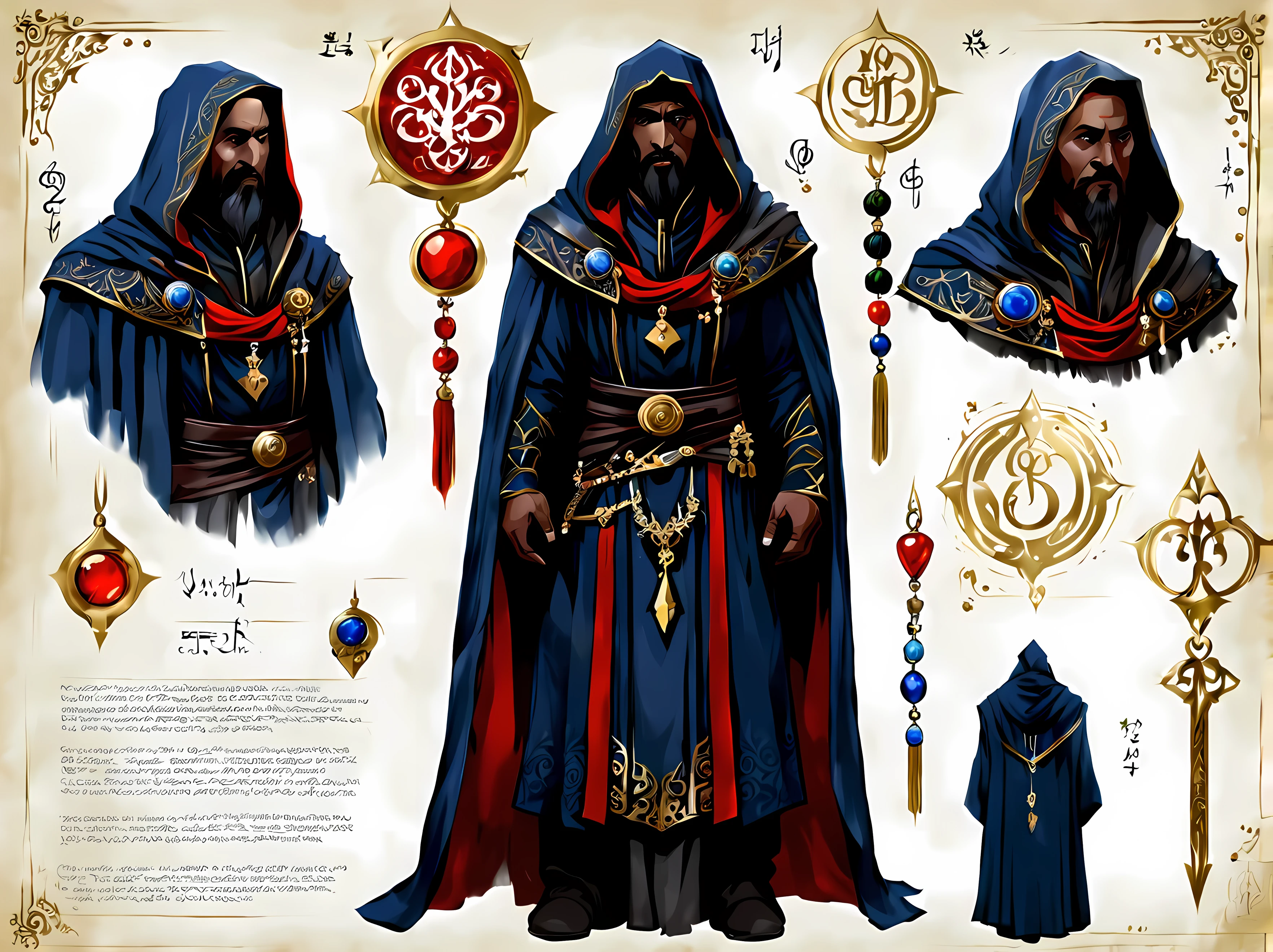 sketch_sheet, front view of brilliant Malakar, a powerful dark wizard with magical aura, he has tall and slender figure, wearing dark blue and red flowing robes made of rich heavy fabric adorned with intricate patterns of arcane symbols and gemstone embellishments, high collar, hooded cloak, ornate belt with dangling charms and trinkets, golden ration, mystical artifacts, sharp focus, dynamic, cinematic, magical, masterpiece in maximum 16K resolution, superb quality. | ((More_Detail))