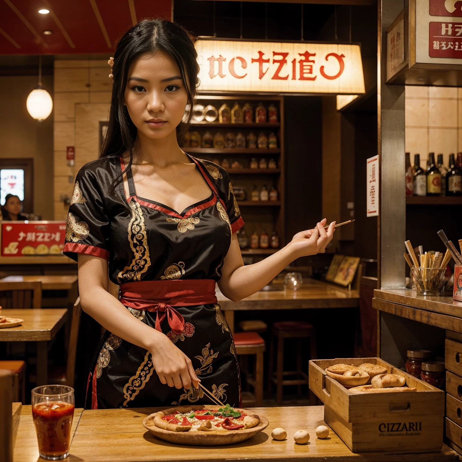 An oriental woman is in the pizzeria alone , her look is mysterious and she wears traditional oriental costumes