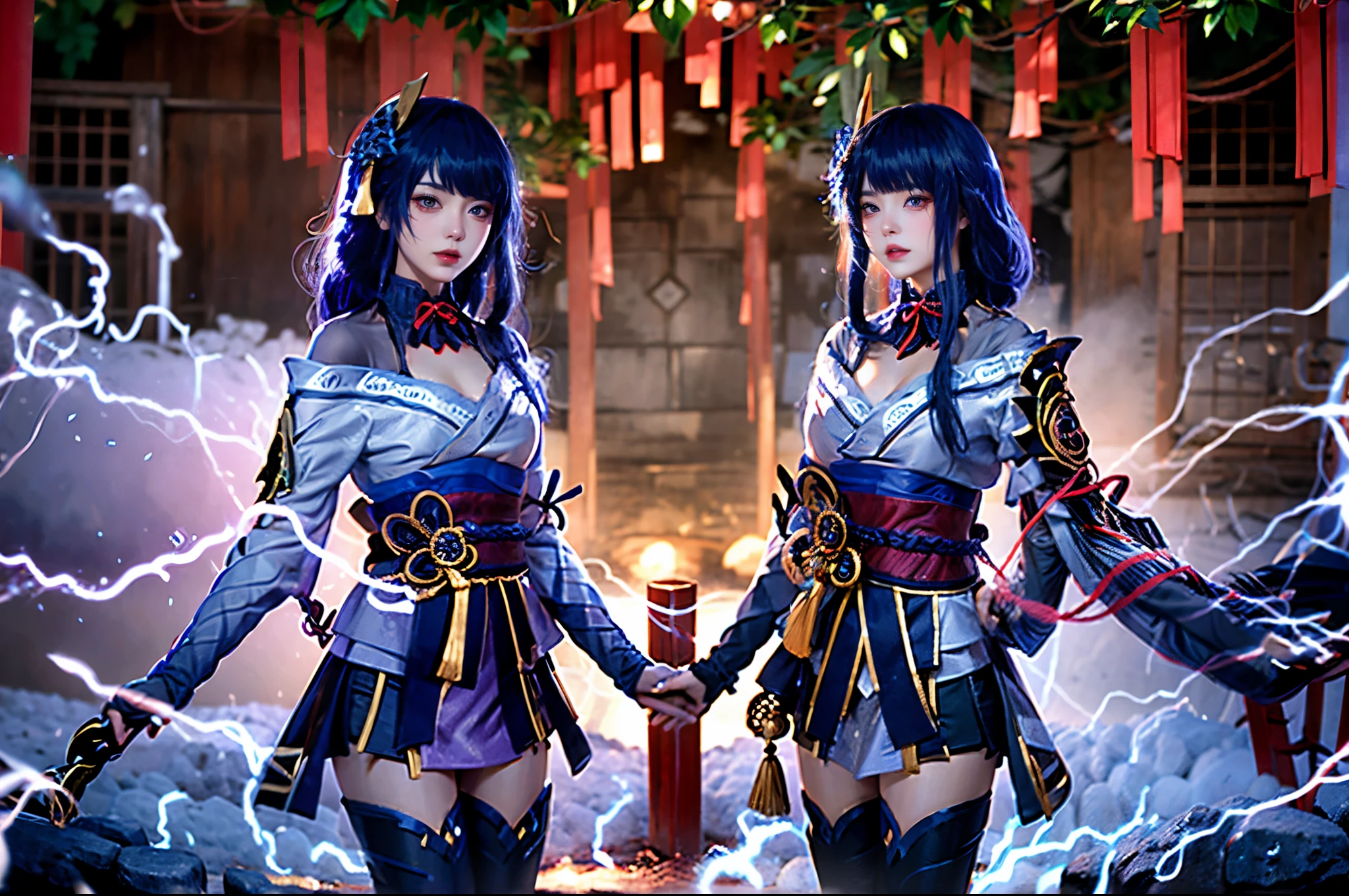 high res, highly detail, masterpiece, best quality, 2girl, twin girl, baal, 2 raidenshogun, two indentical girl, both facing to the camera, in narukami shrine girl 1: Makoto, girl 2: Ei