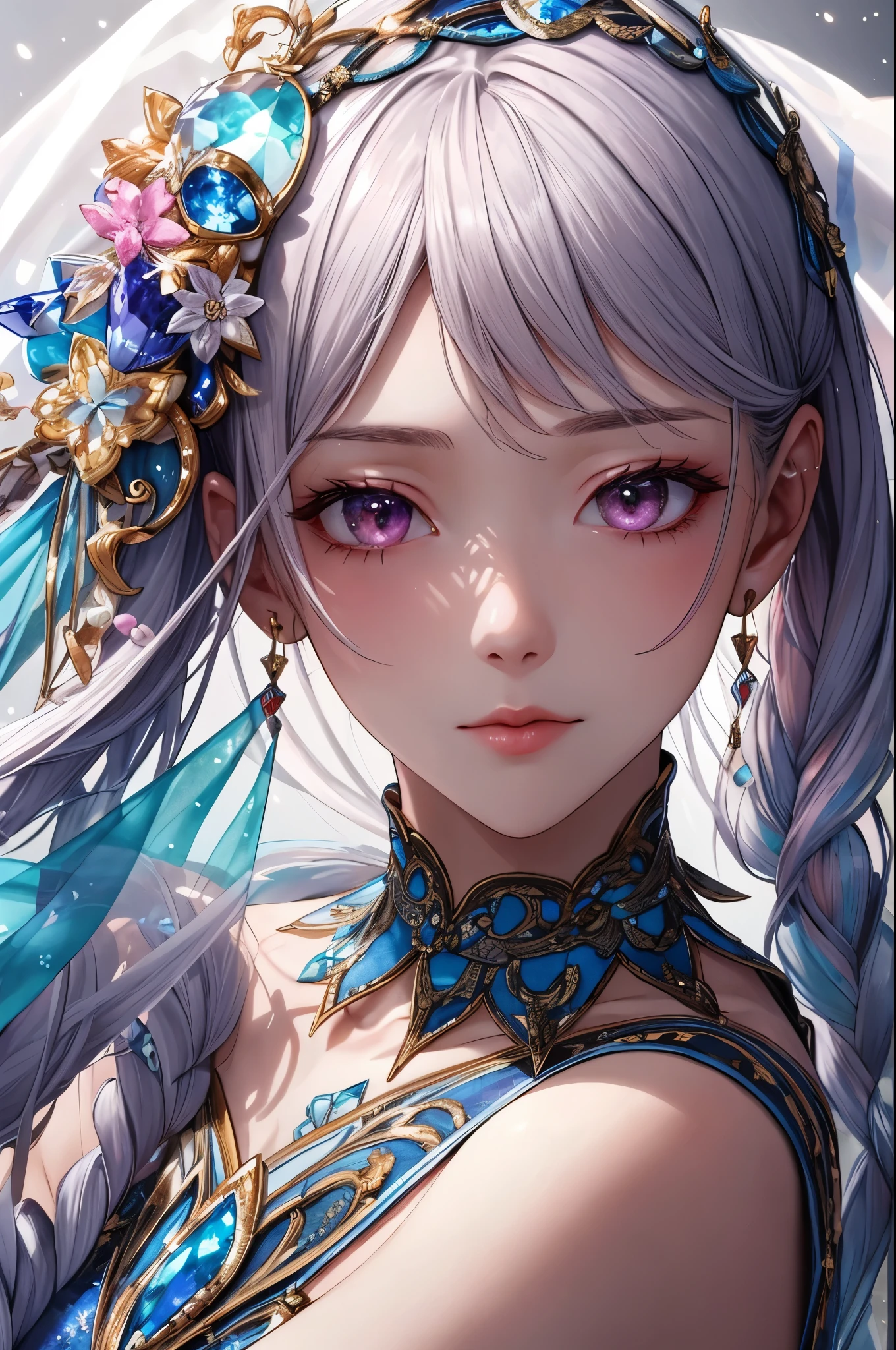 highest quality,amazing,very detailed,figure,cover,mysterious person,covered with translucent fabric,Crystals decorating hair,dreamy swirl,pastel colour,soft light,Evoking serene tranquility and elusive beauty,non-representative,Color and shape,expression of emotions,imaginative,very detaileded,