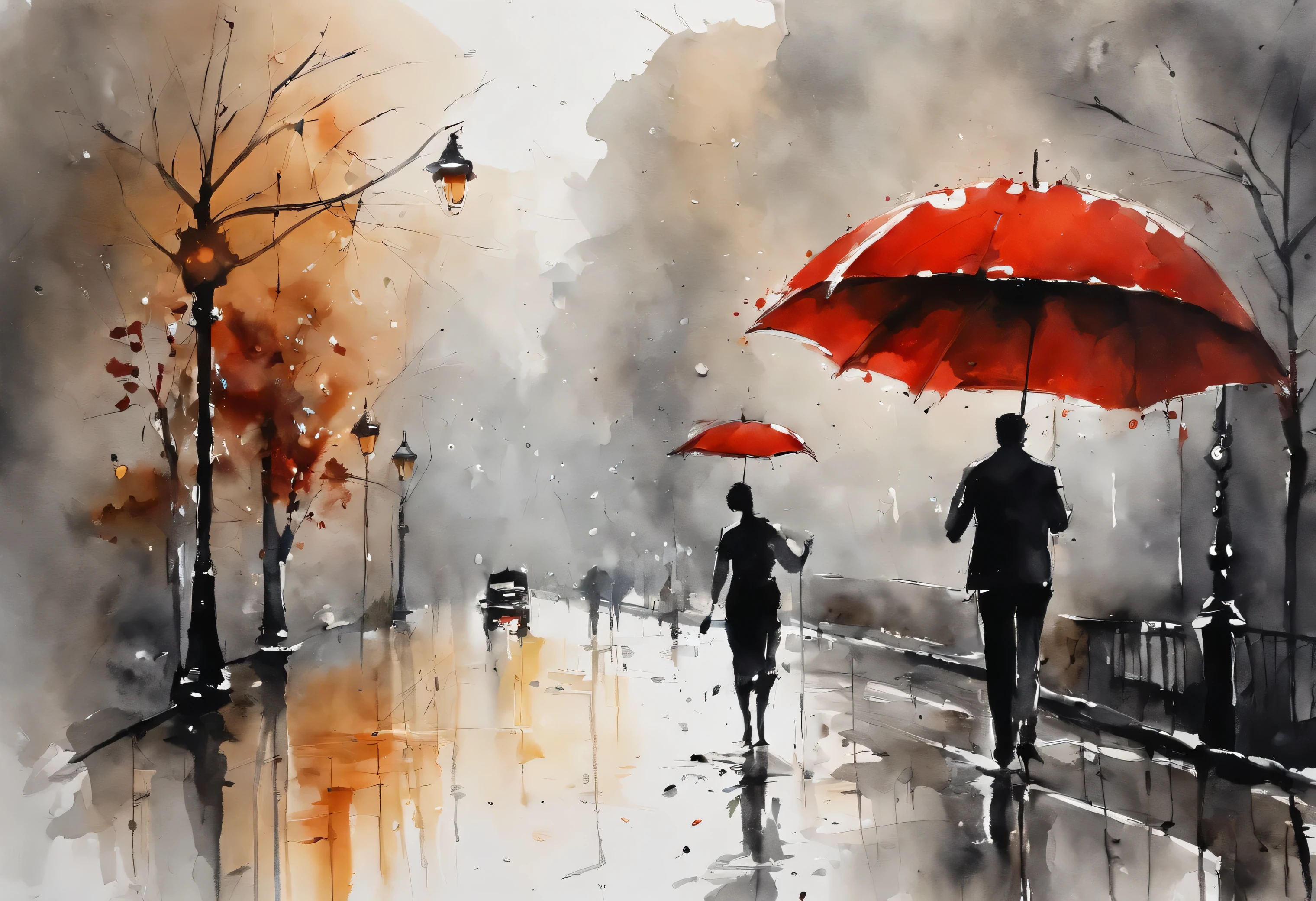 The image depicts a silhouette of a man and a woman walking under one red umbrella and walking together in the rain and is possibly a painting, sketch, drawing, or watercolor artwork, full body shape silhouette. Perfect reflections. It captures an outdoor scene on a narrow street during rainy weather, light grey and beige colors only