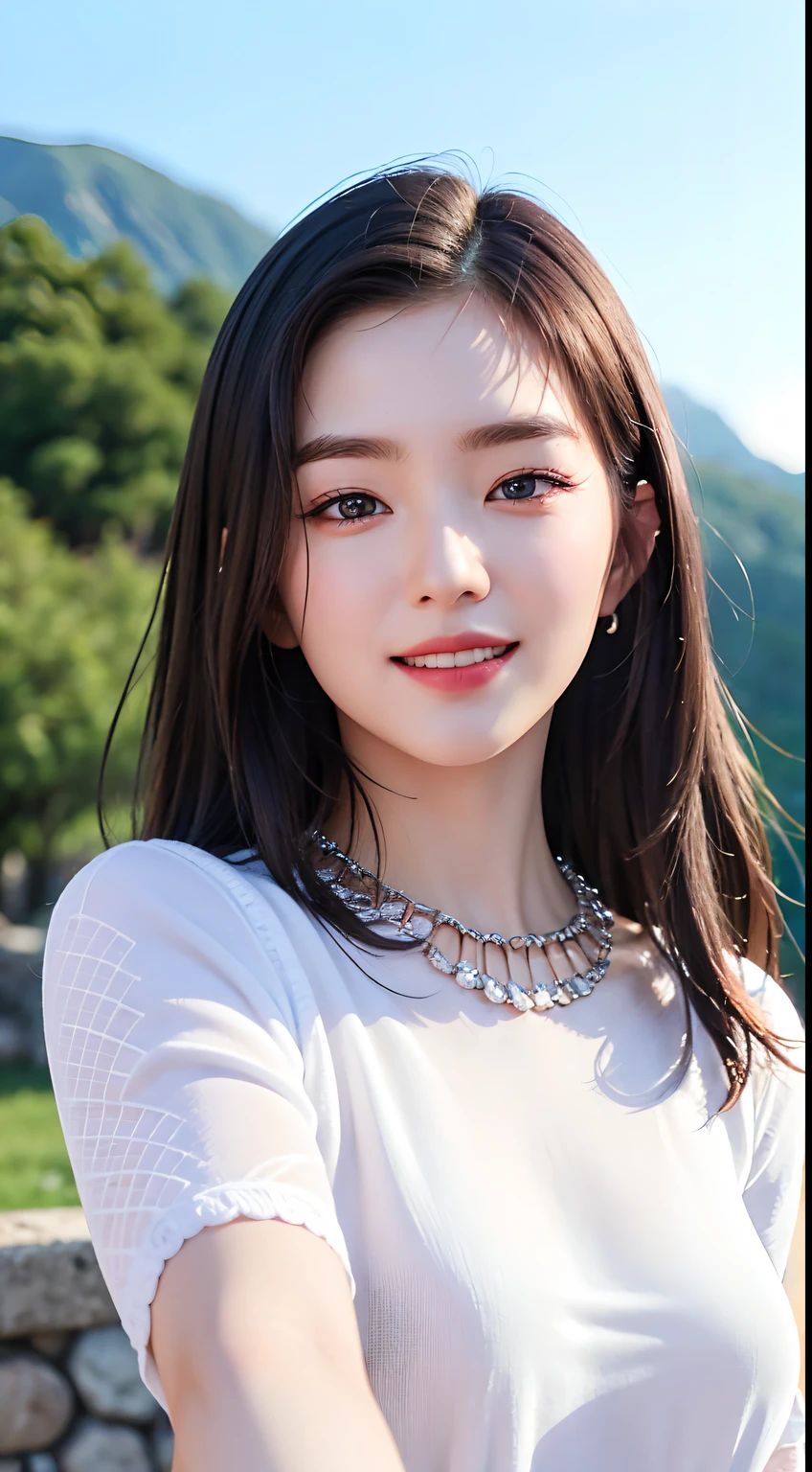 extremely detailed eyes, extremely detailed face, best quality ,masterpiece, extremely detailed, ultra-detailed, (realistic, photo-realistic:1.3), smile, (facing front), looking at viewer, casual outfit, 1girl , selfie , beautiful mountain background, without blur background