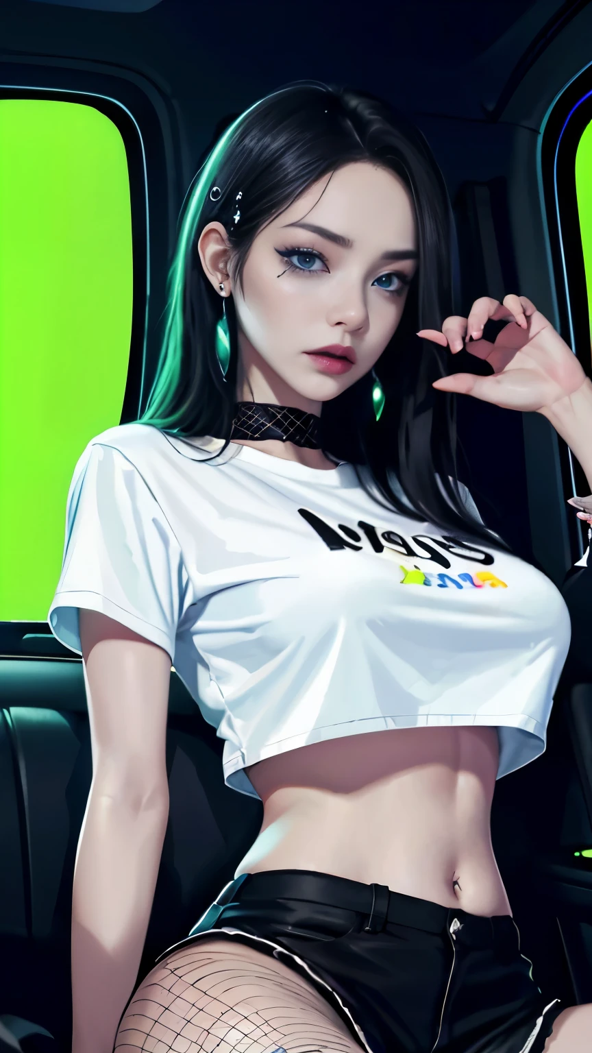 goth woman, (goth makeup), (white skin), (T-shirt and skinny mini shorts), (Show below ), (Fishnet tights), (belly button jewelry), (earrings), (earringsの唇), blue eyes, short messy cream yellow emo hair, (bedroom background), thick thighs, big breasts, (8k), (wallpaper), (dynamic lighting), (detailed face and eyes:1.2)、big breasts、(car passenger seat)、City of night、night scenery、Dark car interior、((illuminated by neon lights、Shirts that glow under UV black light))