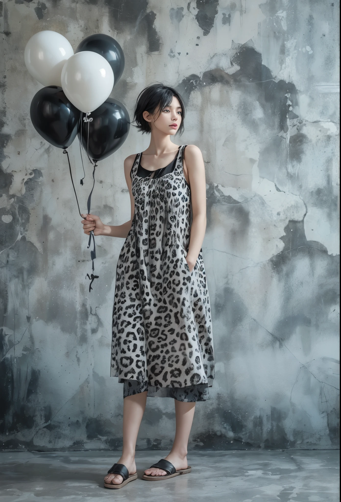 ultra detailed, beautiful, masterpiece, best quality, _ BREAK Beautiful and cute perfect model, all body Tightened, medium Breasts, _ BREAK (short hair, _ BREAK Perfect art background, Fog, mist, _ BREAK (all body shot, standing and Abstract pose:1.6), BREAK (Simple jet black simple Cotton Patchwork Spring Ankle baggy Dress:1.2), balloon silhouette, (Sleeveless, simple:1.2), (black, Bold Leopard handle pattern trim:1.2), (fog and mist Blurred background, Perfect and beautiful concrete background:1.4), (Inorganic and nostalgic white lighting:1.4), (gray hair, light color eyes, Diteled face),