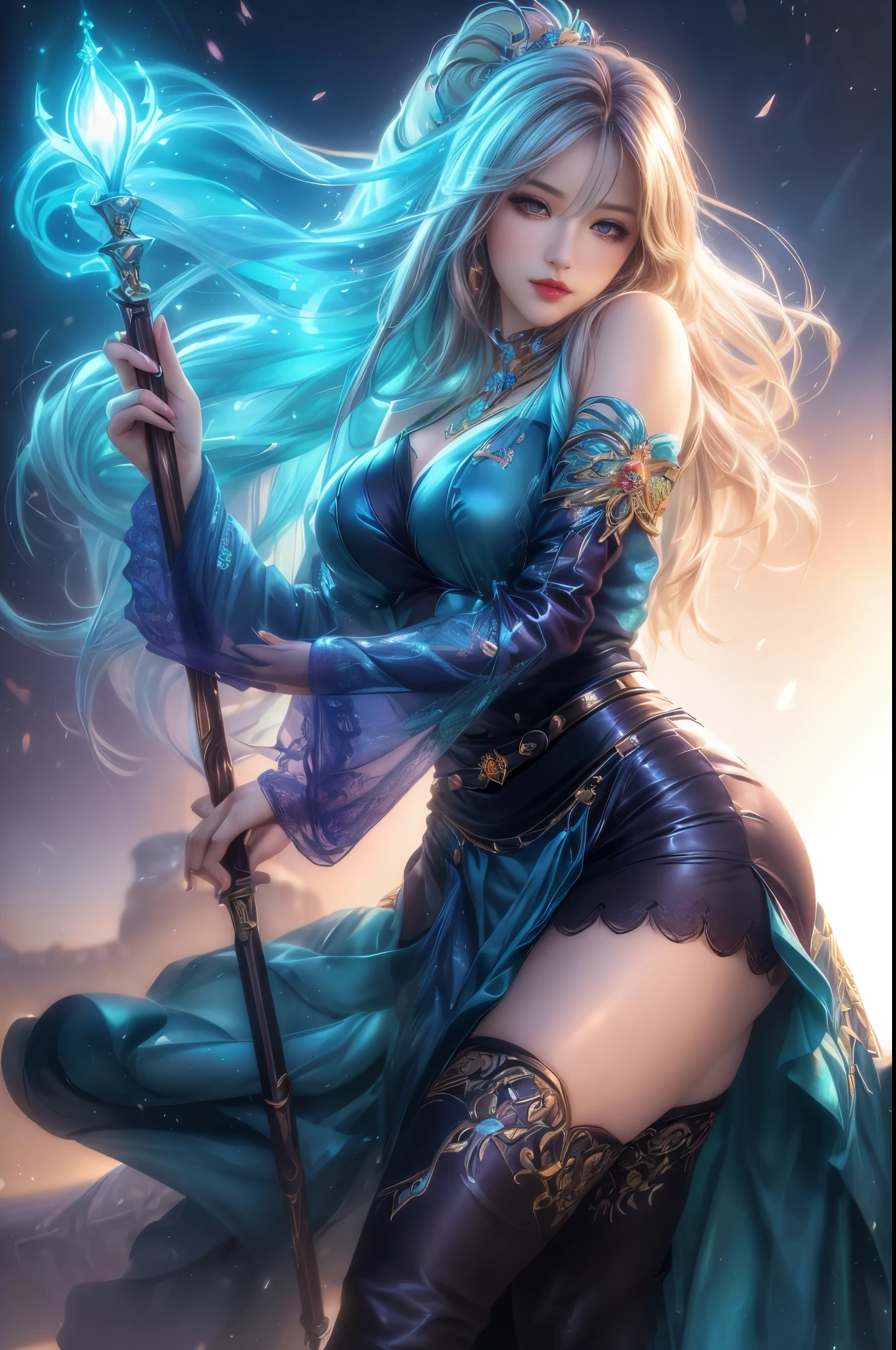 (best quality, realistic, photo-realistic:1.37), vibrant colors, sexy female, oversized breasts and thighs, seductive pose and looks, smooth curves, sensual pose, soft lighting, anime-style, long flowing hair, detailed eyes and lips, alluring gaze, intricate clothing, fantasy backdrop, dreamy atmosphere.