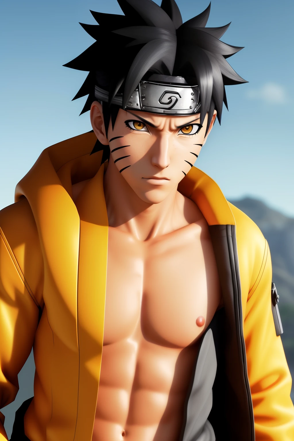 Create an ultra-realistic photograph of Naruto Uzumaki, capturing his masculine and cool appearance. The avatar should resemble the iconic Naruto Uzumaki from the Naruto series. The image should showcase photorealism, with a resolution of ultra HD, making it perfect for an 8k wallpaper. Pay close attention to the fine details, especially on the face, ensuring extreme detail is captured.