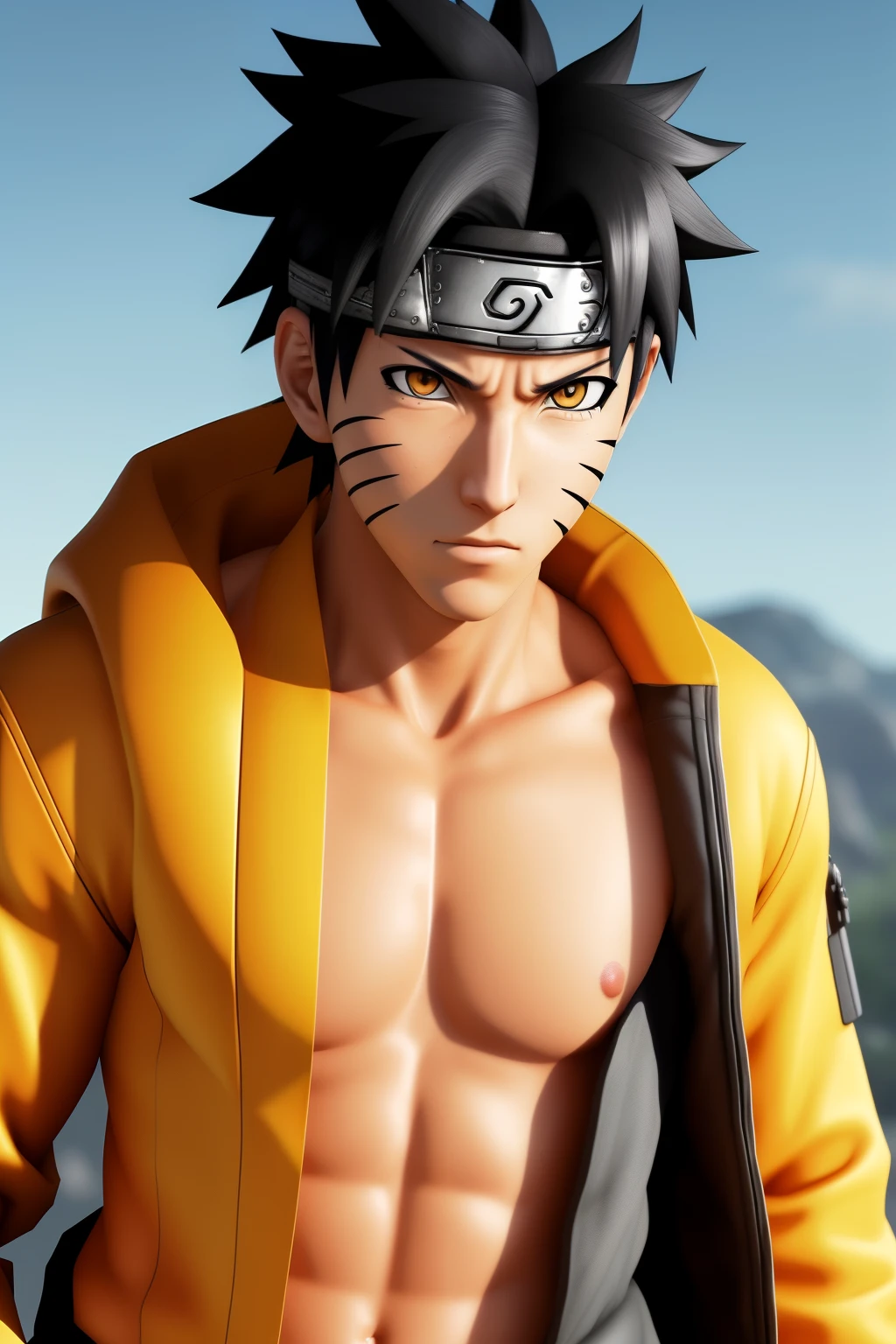 Create an ultra-realistic photograph of Naruto Uzumaki, capturing his masculine and cool appearance. The avatar should resemble the iconic Naruto Uzumaki from the Naruto series. The image should showcase photorealism, with a resolution of ultra HD, making it perfect for an 8k wallpaper. Pay close attention to the fine details, especially on the face, ensuring extreme detail is captured.