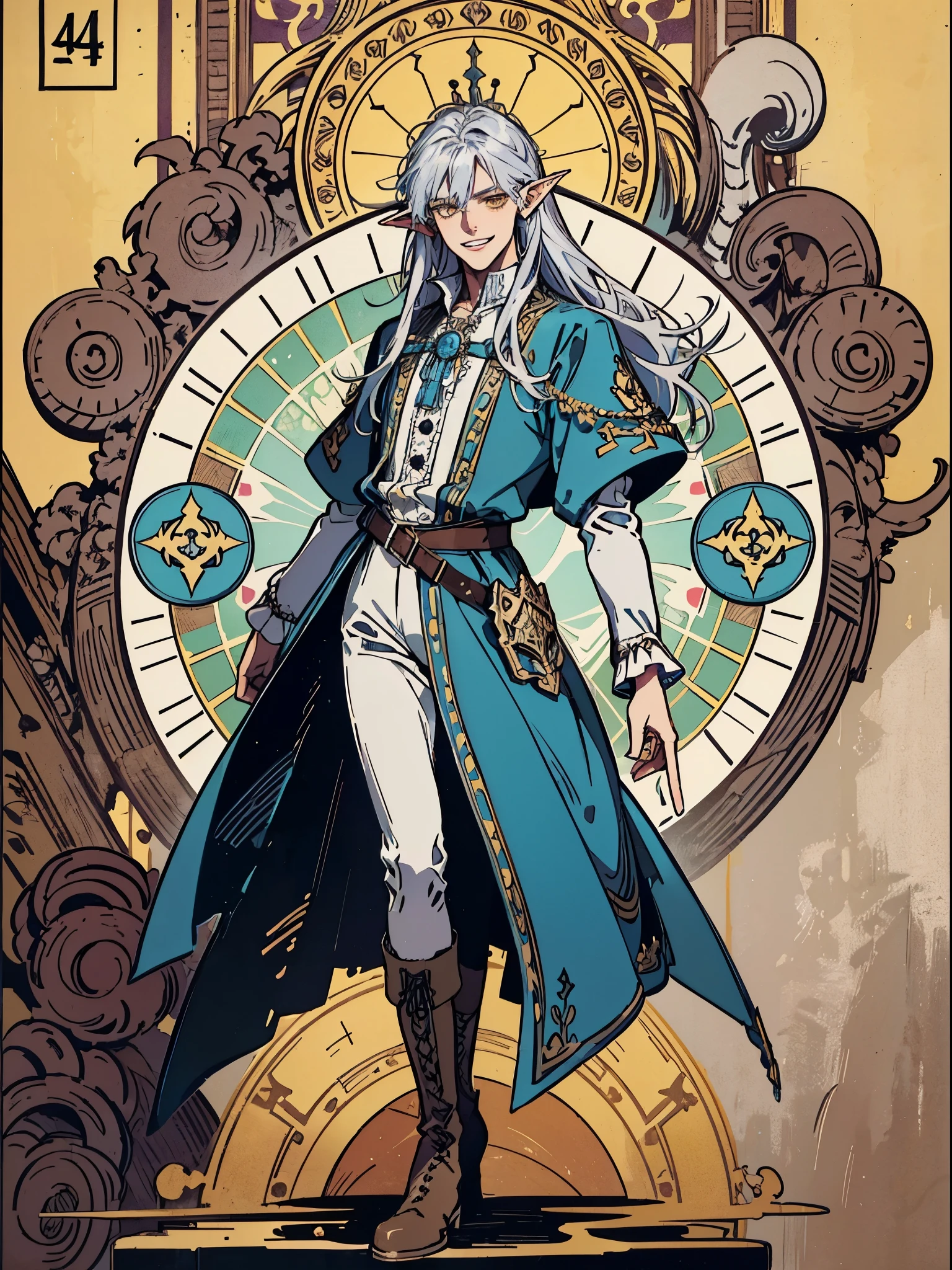 (Flat color:1.1),(Colorful:1.3),(Masterpiece:1.2), tarot: noble, Best quality, pointed elf ears, Masterpiece, Original, 1 male, happy, ((smile revealing teeth)), silver mid length hair, dashing scoundrel, wearing lavender medieval frock, white ruffled pirate shirt, medieval leggings, high boots, spats on boots, yellow eyes,Full body photo of men, Very detailed wallpaper, Solo,pirate ship setting, nautical, tarot card layout,Best quality, Masterpiece, (Realistic:0.6), Realistic lighting, Flower frame, Decorative panels, abstract artistic, Alphonse Mucha (tmasterpiece, best qualtiy, A high resolution: 1.4), A detailed, Complicated details, 4K,cerulean, Line art, Fibonacci