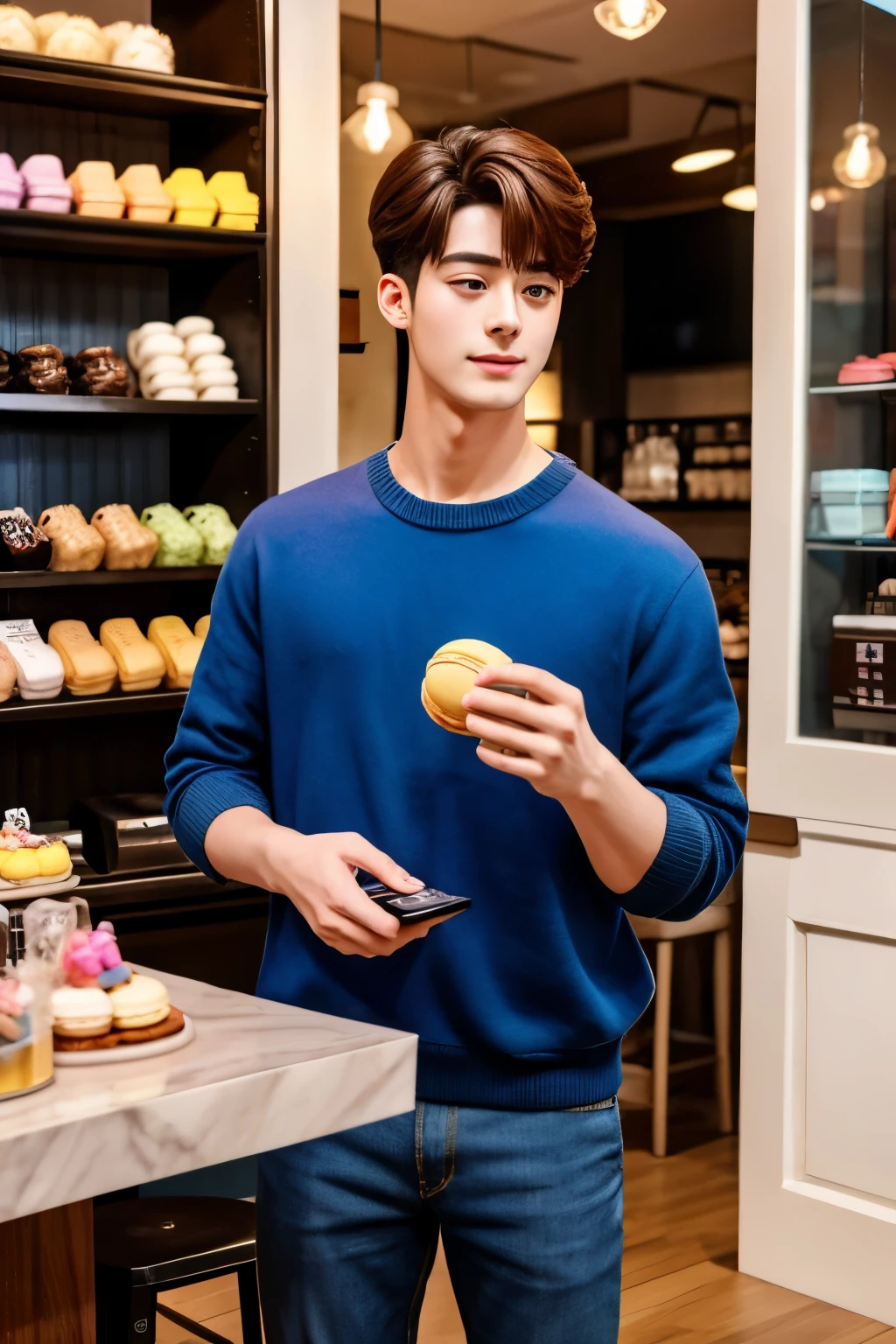 there is a man standing at a showcase at a cafe. inspired by Chaeunwoo. 4K, realism. Kodak400 film. handsome man, buying a small macaron set packed in a box. to give his girlfriend a gift.