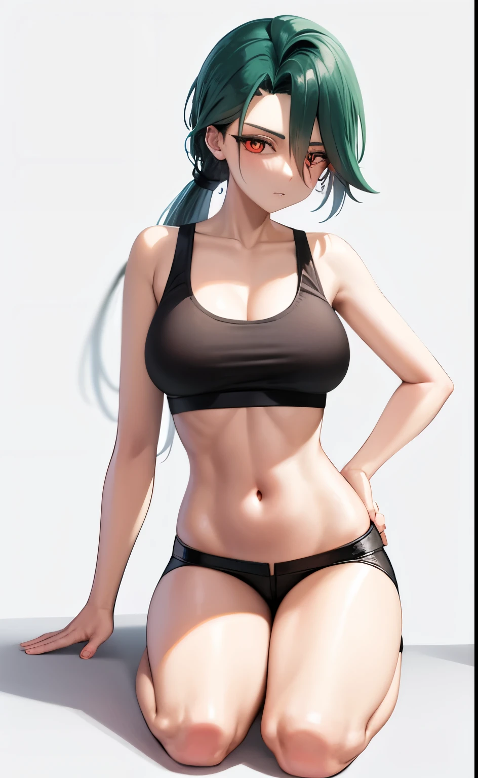 black sports braと黒いショートパンツを着て写真のためにポーズをとるアニメの女性, long green hair woman, Red-eyed woman, ponytail, clothing:black sports bra, cool woman, a woman is standing, Also, playground, outdoor, naughty anime style, sportsbra with an black, shorts with an black, big breasts, had very large breasts, full body portrait of a short!, tall woman, adult sex appeal, cool atmosphere, anime moe art style, !!full body portrait!!, Aya Takano color style, solo, female focus,