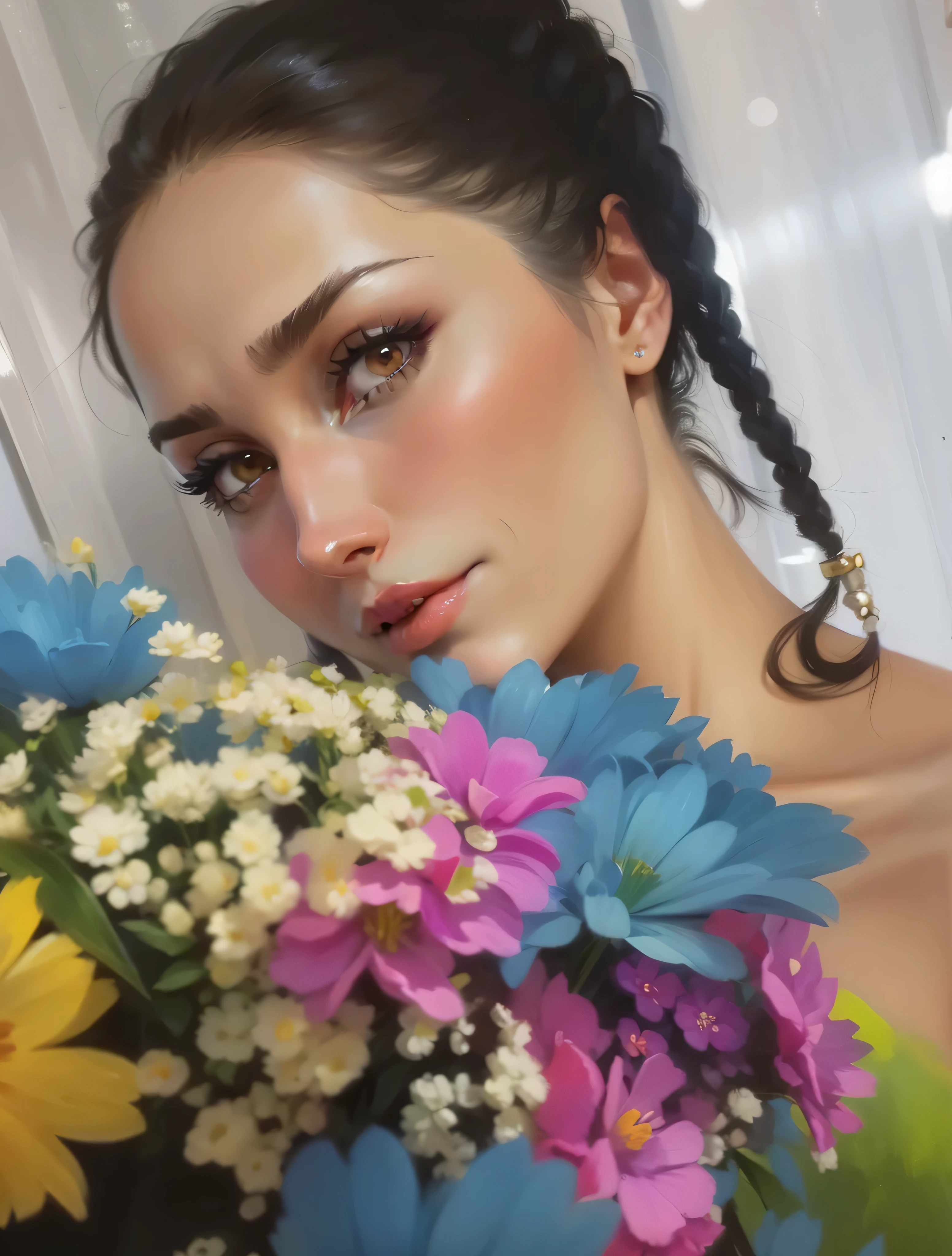 close-up of a woman with dark hair and a black blouse, digital portrait, portrait art, digital painting, put touches on the wall behind, oil painting, portrait in digital painting styles, the hair is clearly drawn, good quality, short dark hair, Alexandra Valishevskaya, color portrait, portrait in profile, high quality portrait