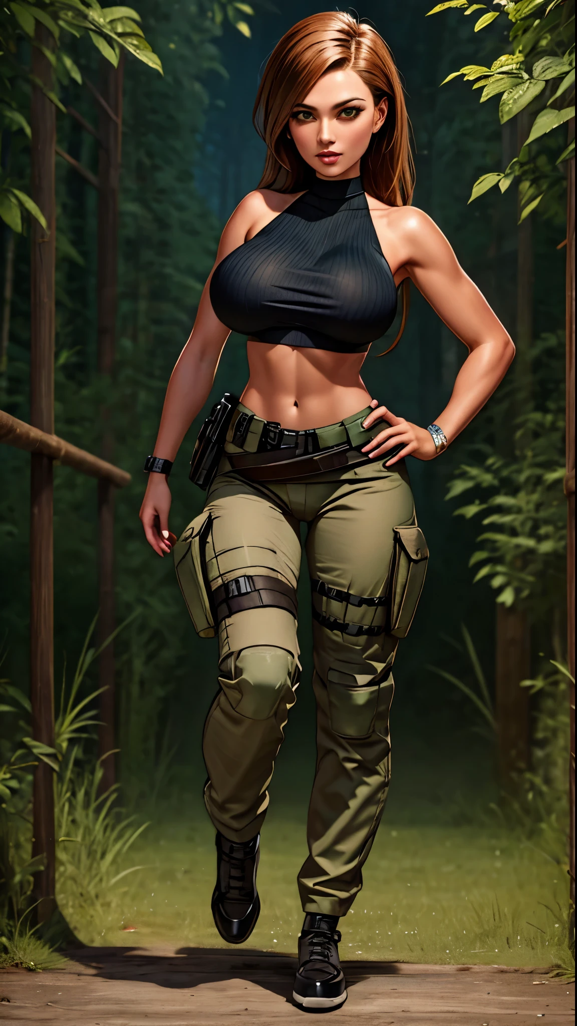 Sexy Woman Big Breasts Athletic Body Nude Tactical Belt Pants Military Green 