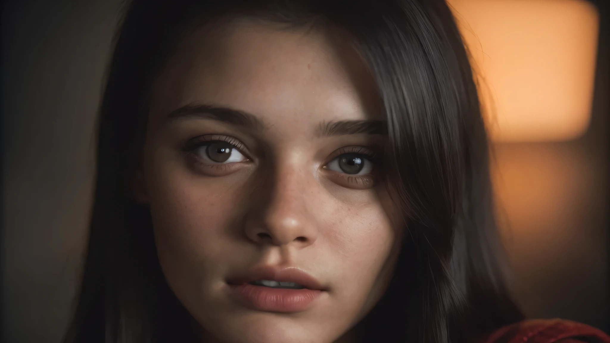 (close-up, editorial photograph of a 21 year old woman), (highly detailed face:1.4) (smile:0.7) (background inside dark, moody, private study:1.3) POV, by lee jeffries, nikon d850, film stock photograph ,4 kodak portra 400 ,camera f1.6 lens ,rich colors ,hyper realistic ,lifelike texture, dramatic lighting , cinestill 800,