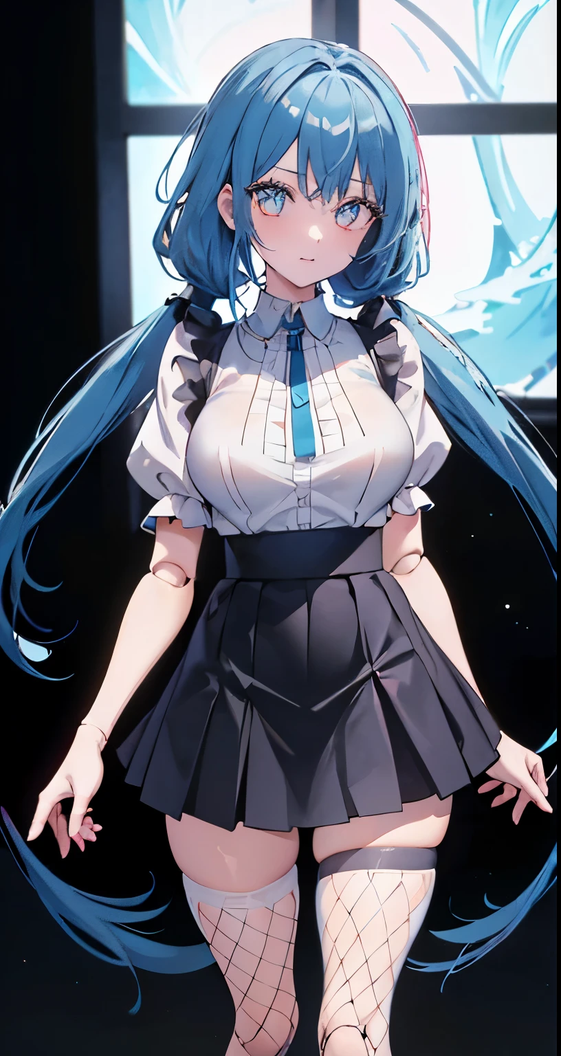 ((Beautiful Beautiful Girl)),yellow big eyes, 1  and slender woman, degree々big breasts, ((light Blue color hair)),((Half  long twin tail Hair)),In 8K, top quality, (highly detailed head: 1.0), (very detailed face: 1.0), (highly detailed hair: 1.0),((Black exhibitionist miniskirt fishnet tights costume)), (black side-open skirt),Detailed official artwork, clean detailed anime art,((A cheeky young lady face)),((Doll joints)),(eyes under mole)