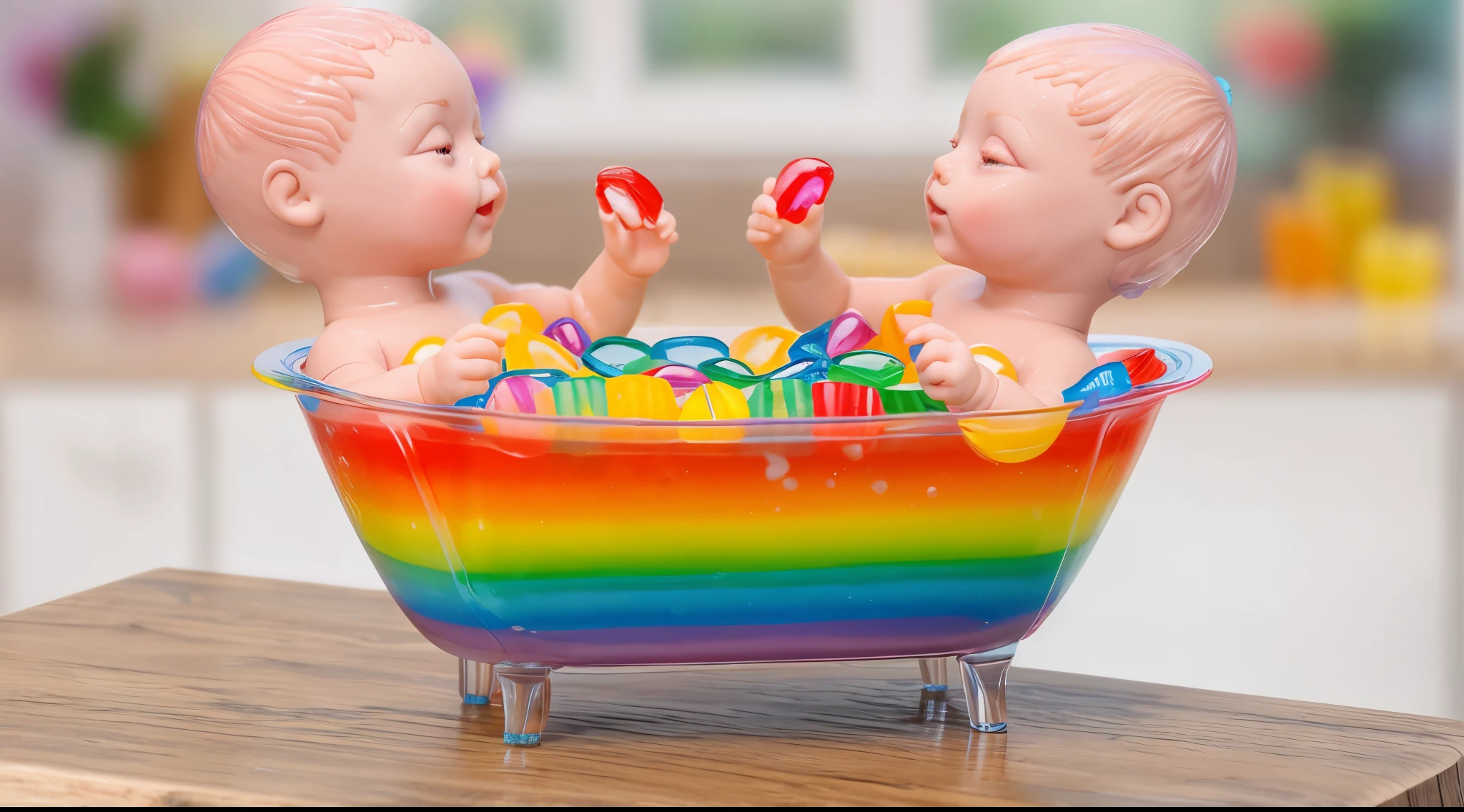 In the kitchen, opposite the window, on a wooden table there is a transparent glass bathtub, it is filled with rainbow layers of liquid, strewn with multi-colored candies on top, two plastic  dolls are sitting in the bathtub with rainbow liquids, in the hands of the plastic babyls are candies, the background is blurred, super realistic photography, realistic style , realistic textures, detailed details, glare from ambient light on the glass bath, bright lighting, vibrant colors, macro photography, beautiful blur in the background, ultra hd 4k, high quality, high resolution, super clear photography, advertising photography