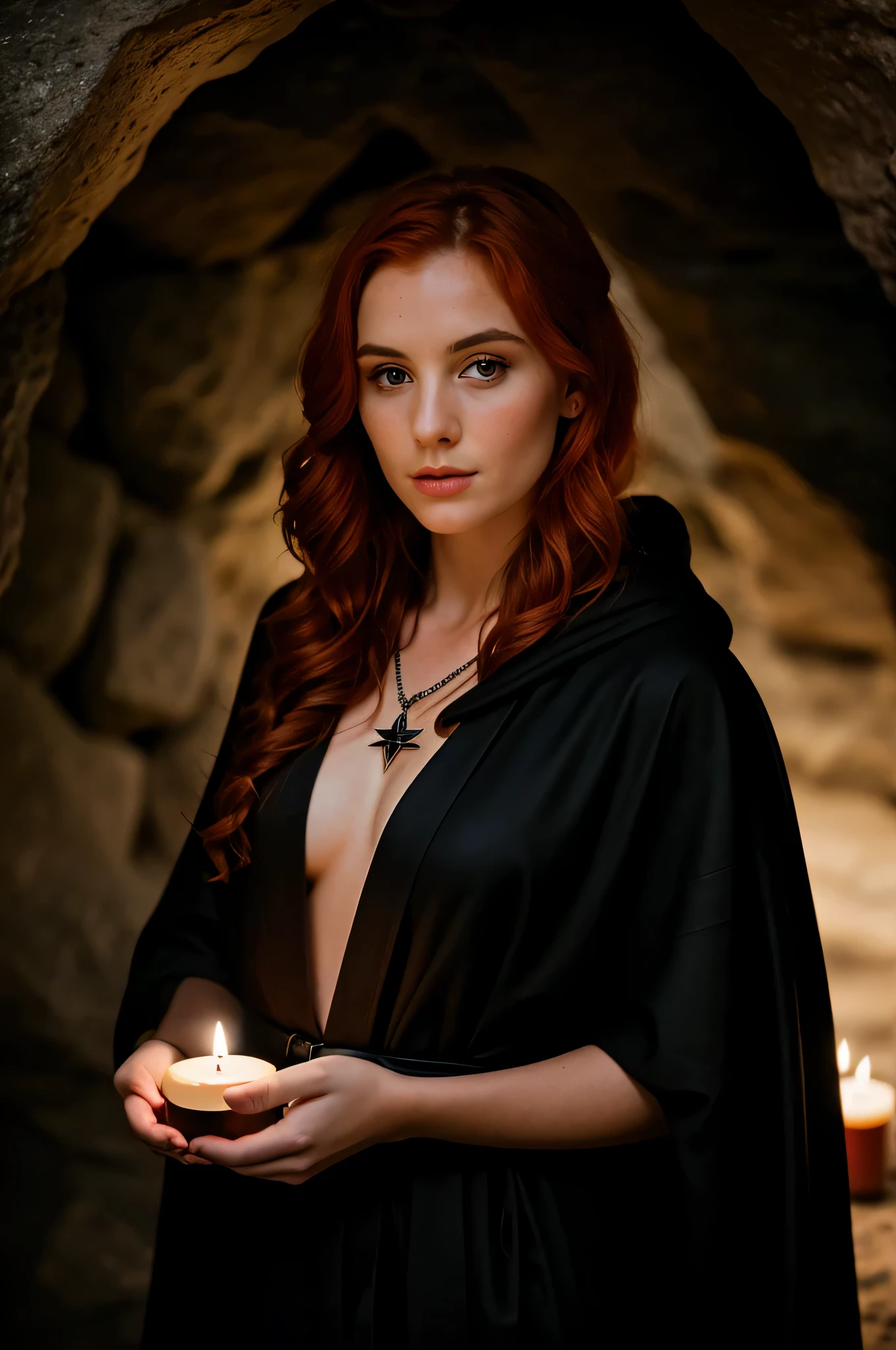 Photograph of a woman, (mysterious facial expression), textured leather, tattoo on hands in the form of stars and runes, redhead with long wavy hair, beautiful black robe with hood,  triquetra pendant on chain, a dark and mysterious cave with unique rock formations and hidden wonders, Perfect eyes, (by candlelight,chiaroscuro), Holder for 160 flowers., filmed on ARRI ALEXA 65, hips, sharp focus on the subject, shot by Don McCullin