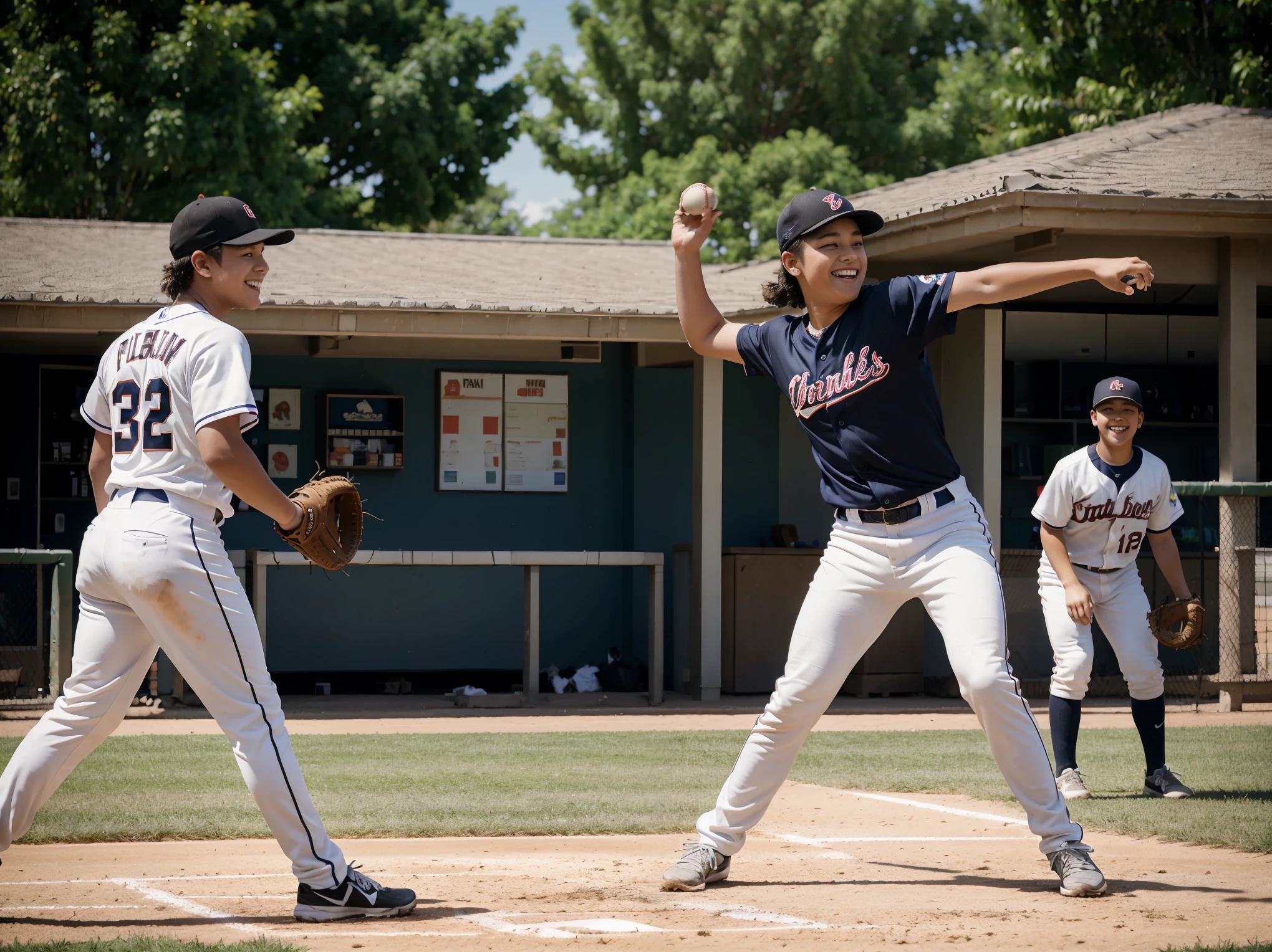 Lively snapshot of kids engaged in a game of baseball, genuine smiles and excitement on their faces, various poses of pitching, batting, and fielding, colorful baseball equipment and uniforms, a sunny day at the neighborhood field, blurred background to emphasize the action, Canon EOS R3
