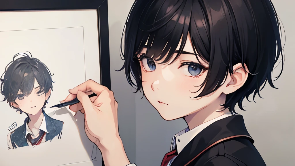 、high school boy、hair is black、shortcut、Art Department、drawing at school、wearing school uniform、