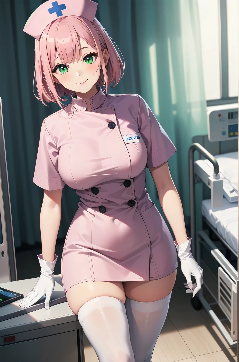 1 girl, alone, nurse, nurse cap, white clothes, ((white legwear, zettai ryouiki)), white gloves, pink hair, green eyes, droopy eyes, smile, Are standing, ((hospital room)), sharp outline, short sleeve, highest quality, masterpiece