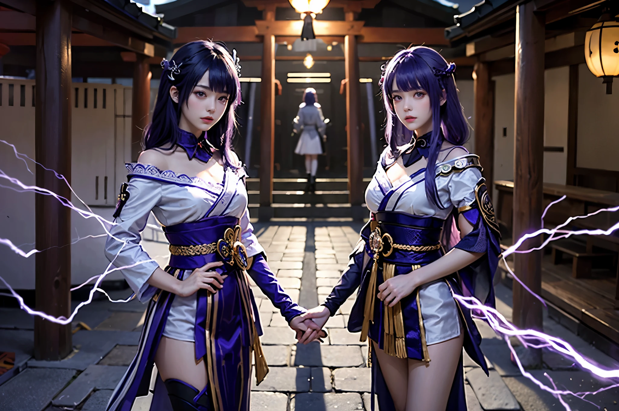 high res, highly detail, masterpiece, best quality, 2girl, twin girl, baal, 2 raidenshogun, two indentical girl, both facing to the camera, in narukami shrine girl 1: Makoto, girl 2: Ei, purple lightning, all girl facing to camera, all girl purple hair